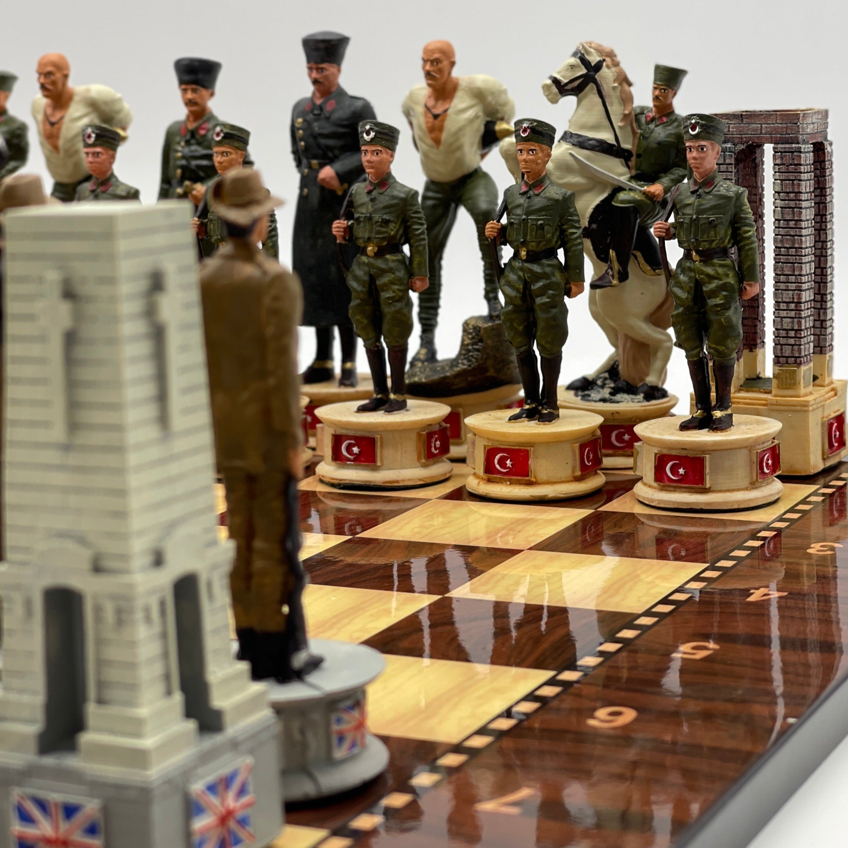 Large Walnut Marble Pattern Chess Board With Gallipoli Campaign Chess Pieces