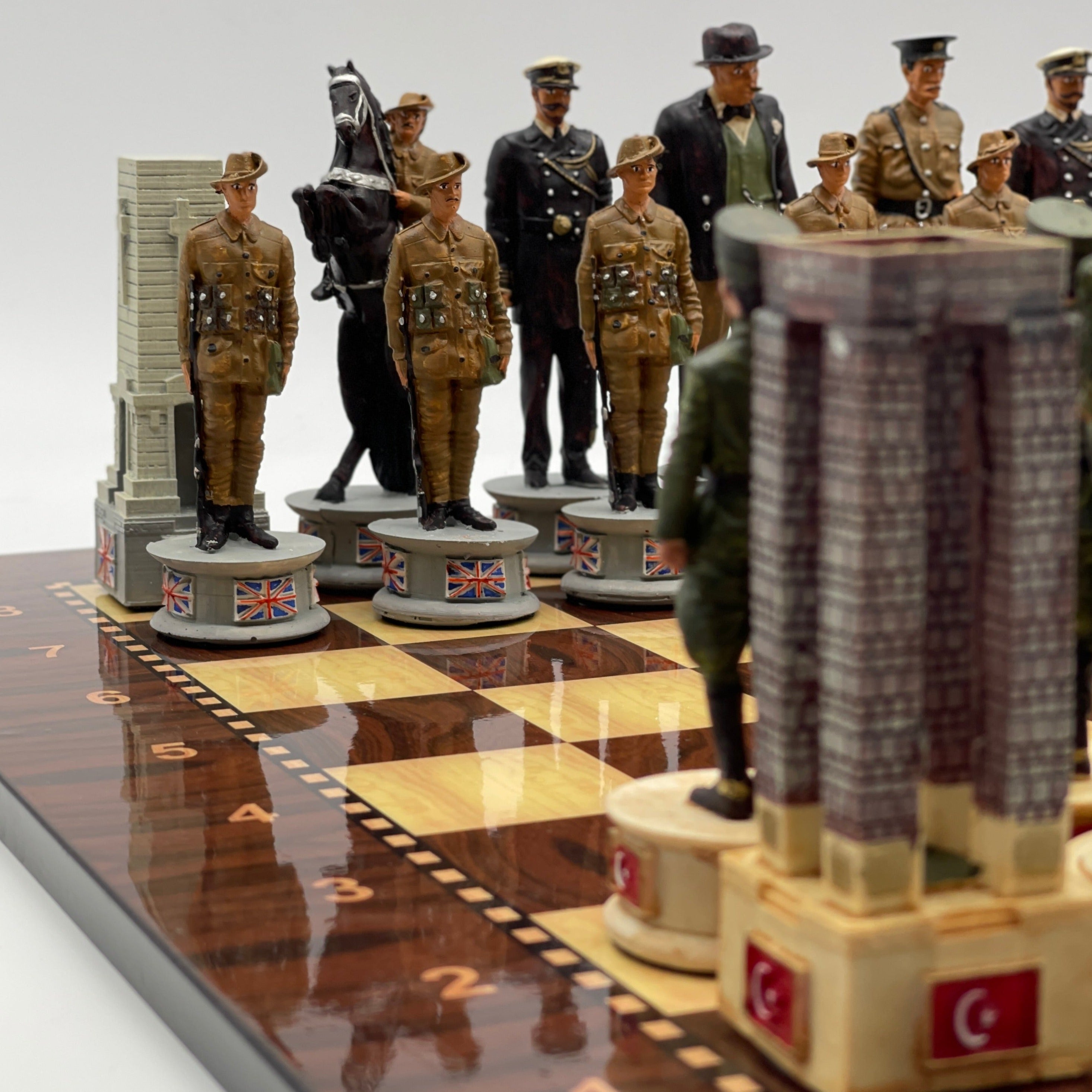 Large Walnut Marble Pattern Chess Board With Gallipoli Campaign Chess Pieces