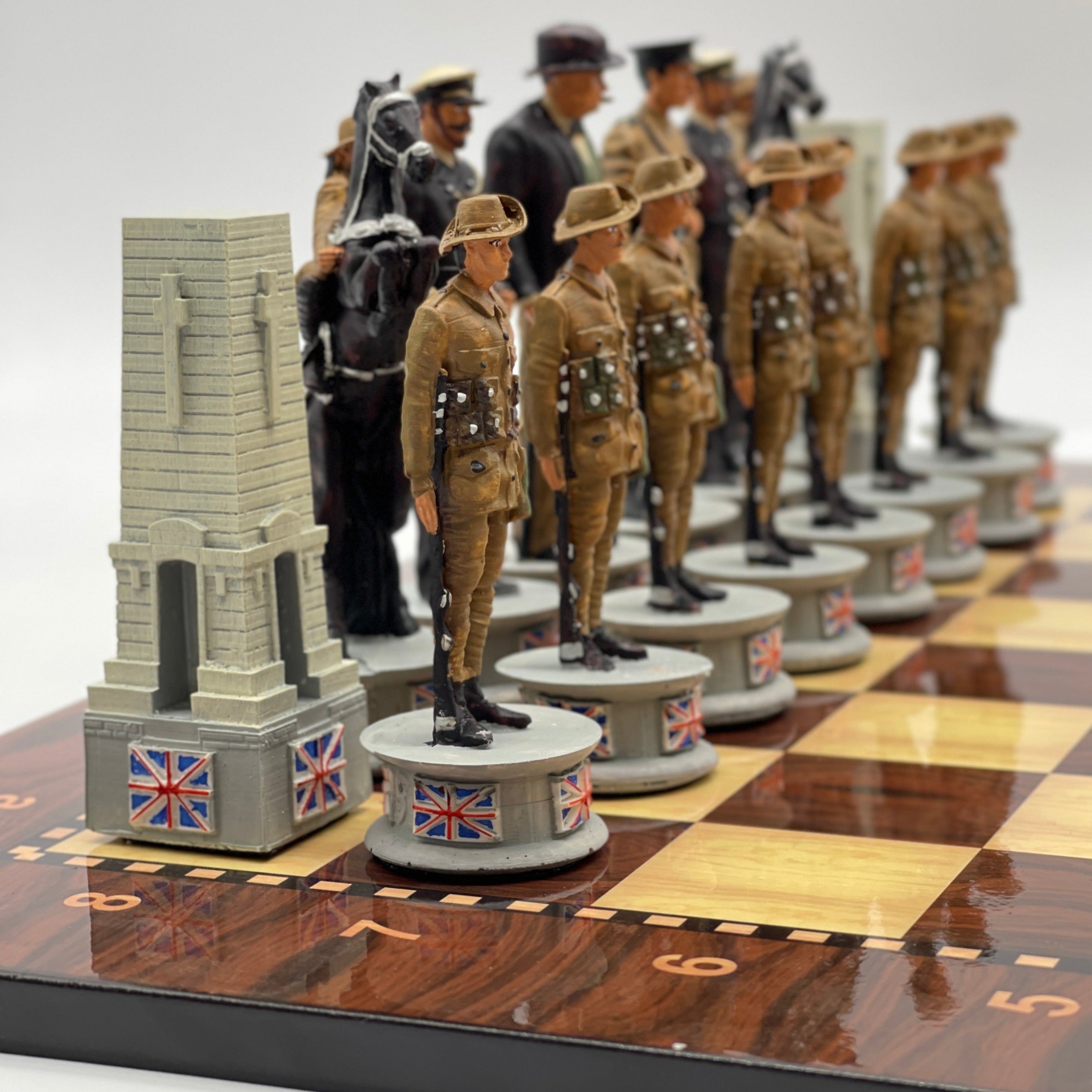 Large Walnut Marble Pattern Chess Board With Gallipoli Campaign Chess Pieces
