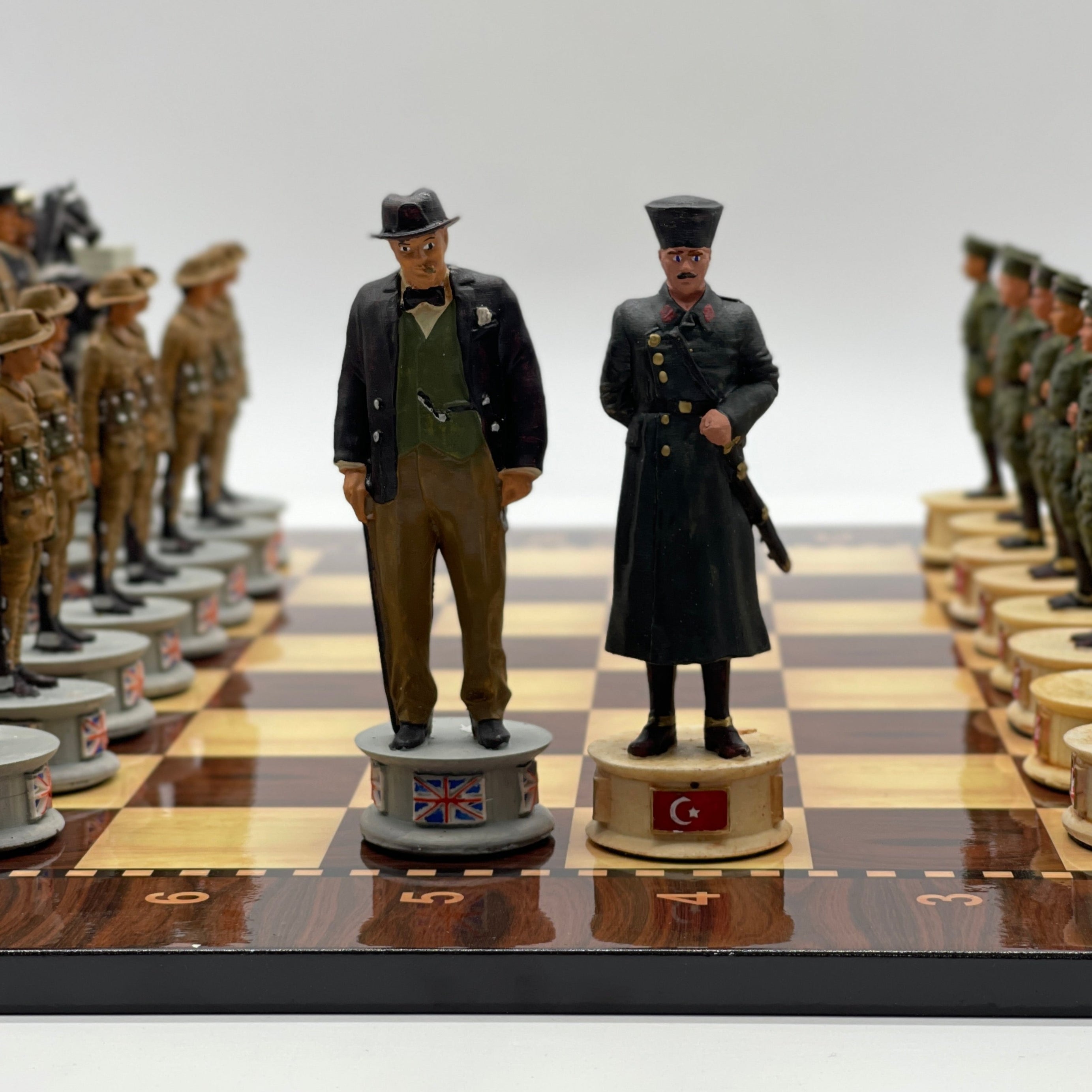 Large Walnut Marble Pattern Chess Board With Gallipoli Campaign Chess Pieces