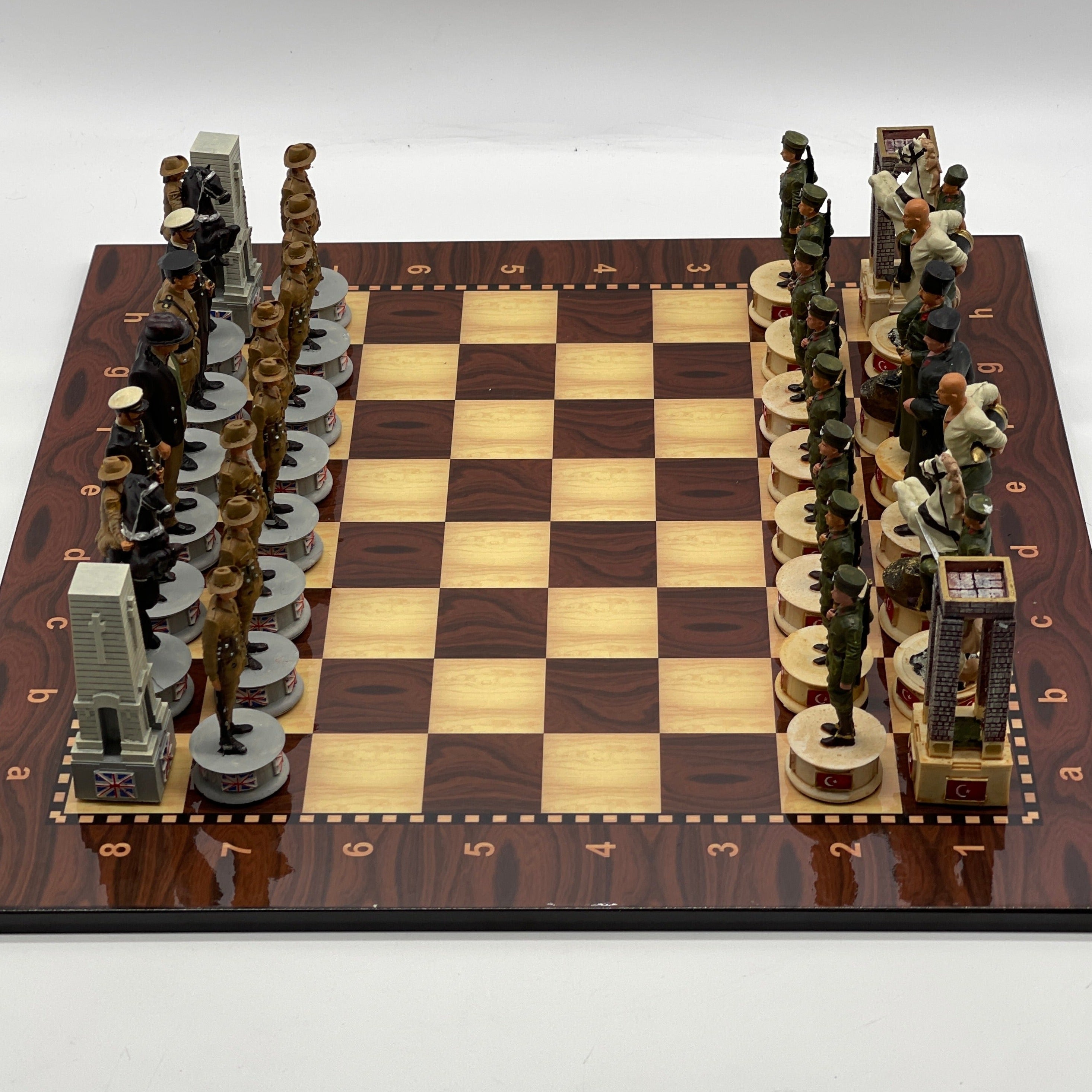 Large Walnut Marble Pattern Chess Board With Gallipoli Campaign Chess Pieces