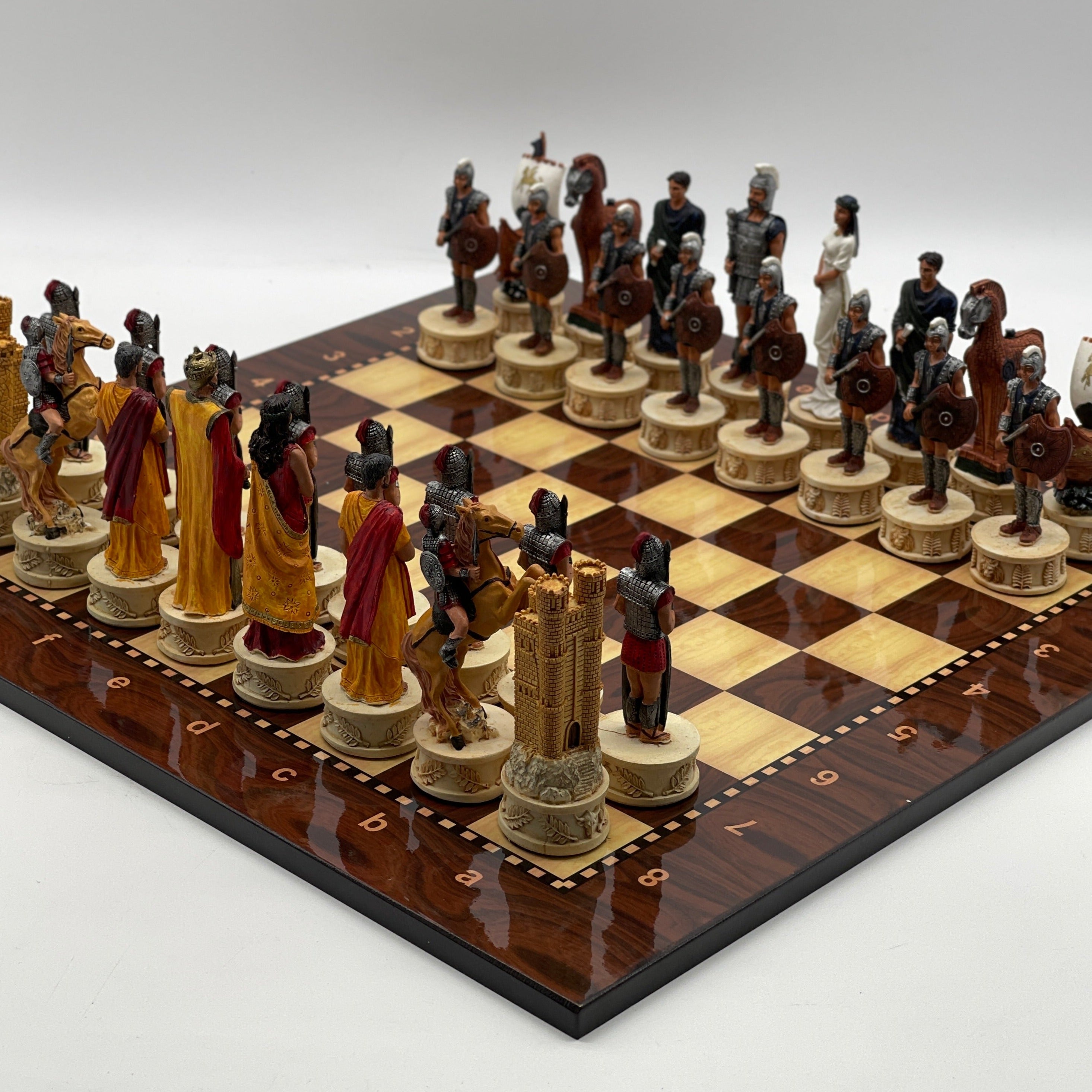 Large Walnut Marble Pattern Chess Board With Trojan Polyester Chess Pieces