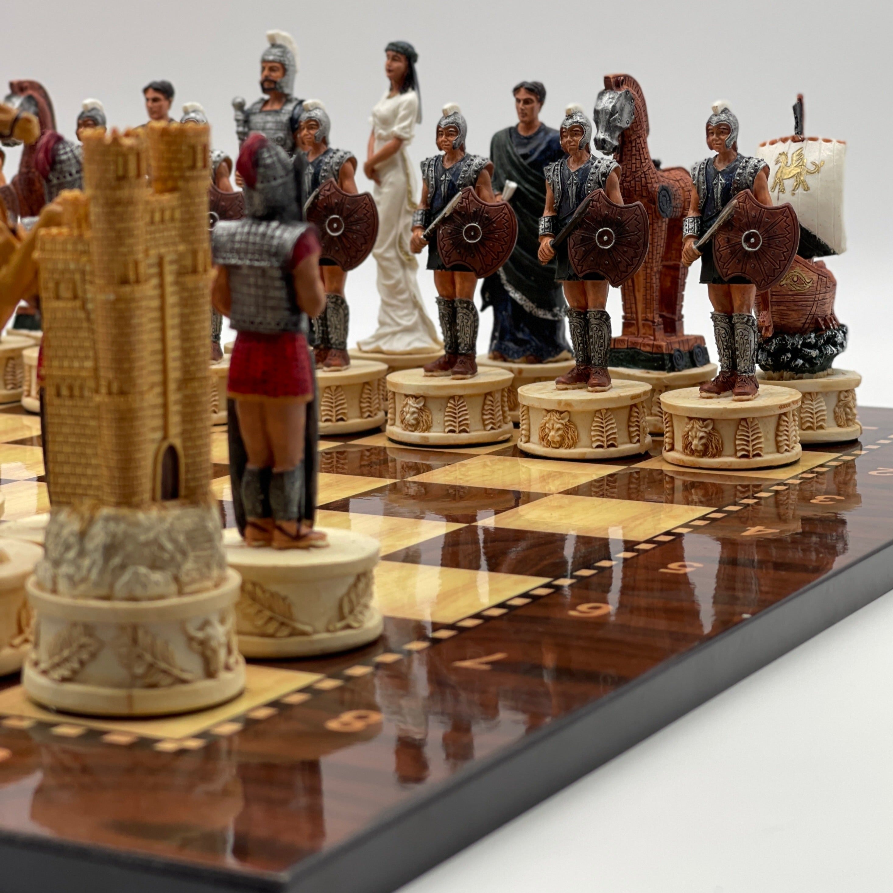 Large Walnut Marble Pattern Chess Board With Trojan Polyester Chess Pieces