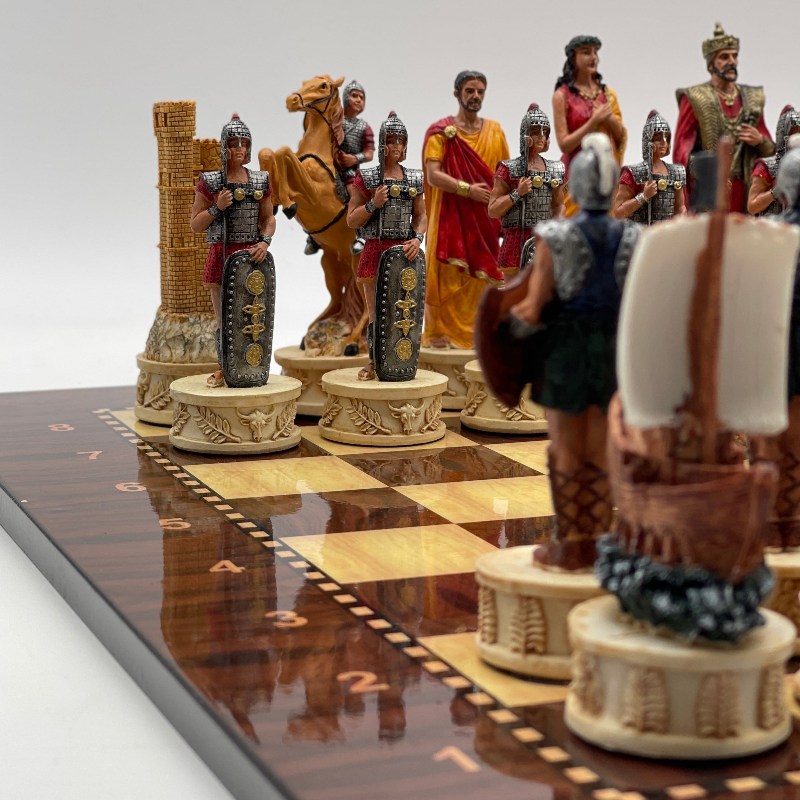 Large Walnut Marble Pattern Chess Board With Trojan Polyester Chess Pieces