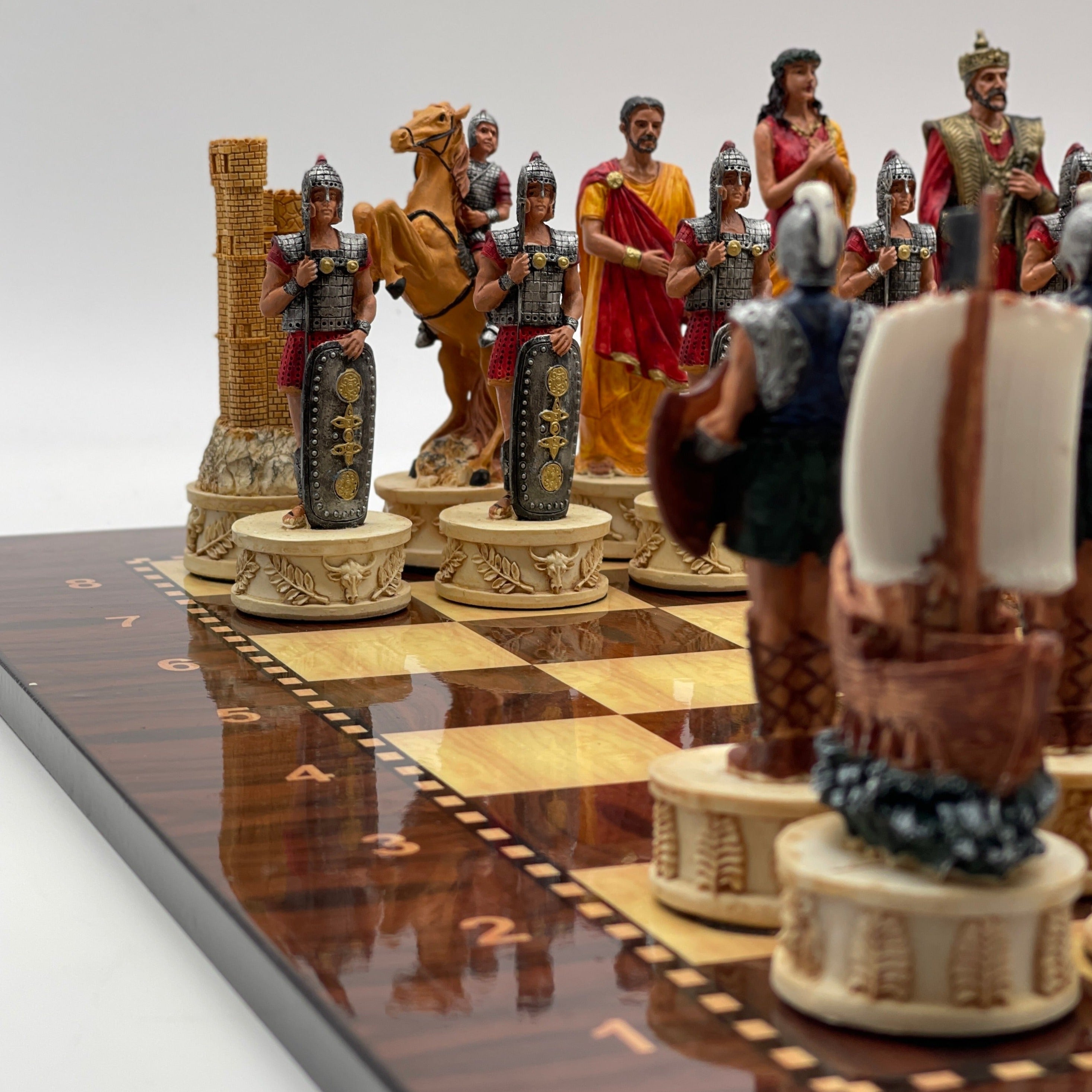 Large Walnut Marble Pattern Chess Board With Trojan Polyester Chess Pieces