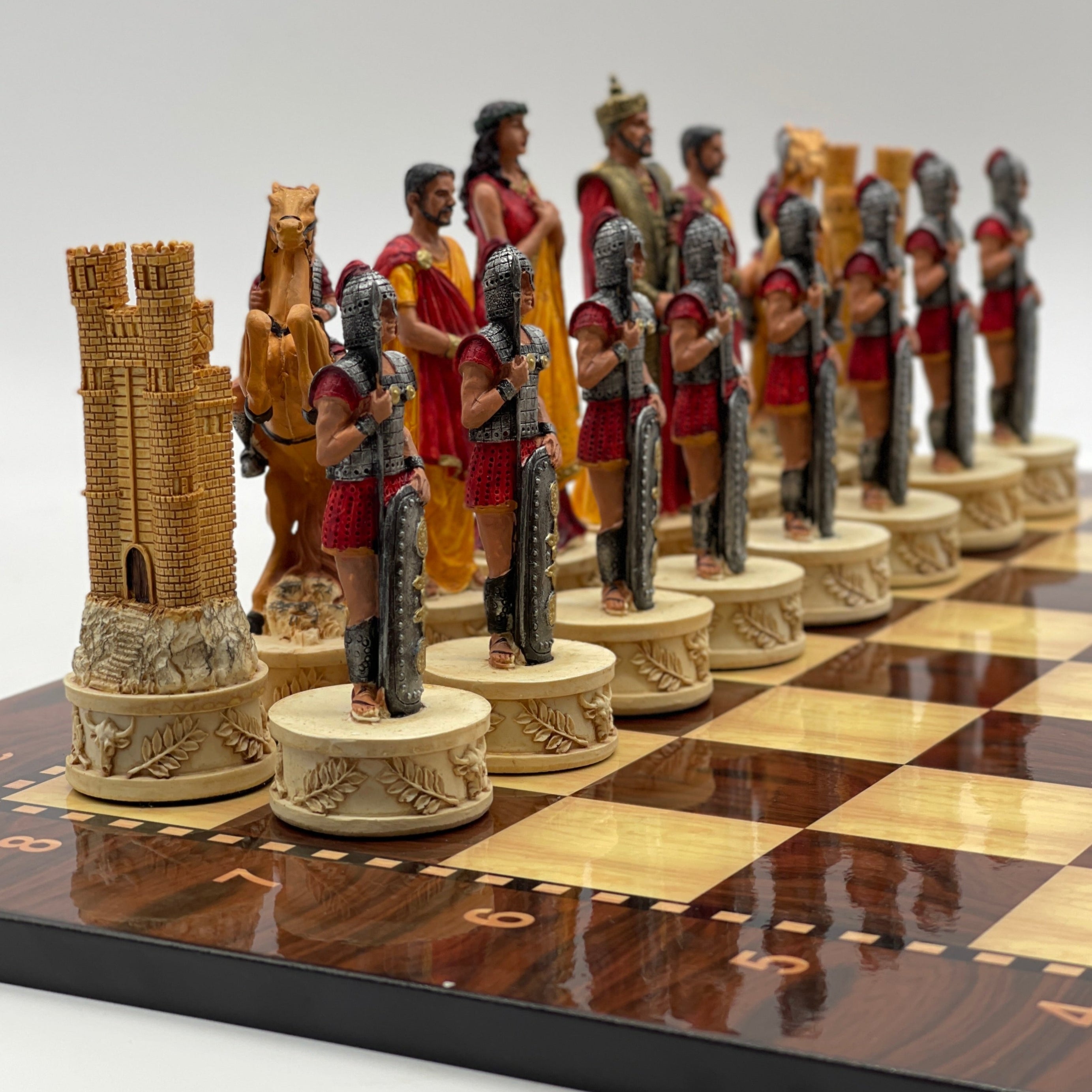 Large Walnut Marble Pattern Chess Board With Trojan Polyester Chess Pieces