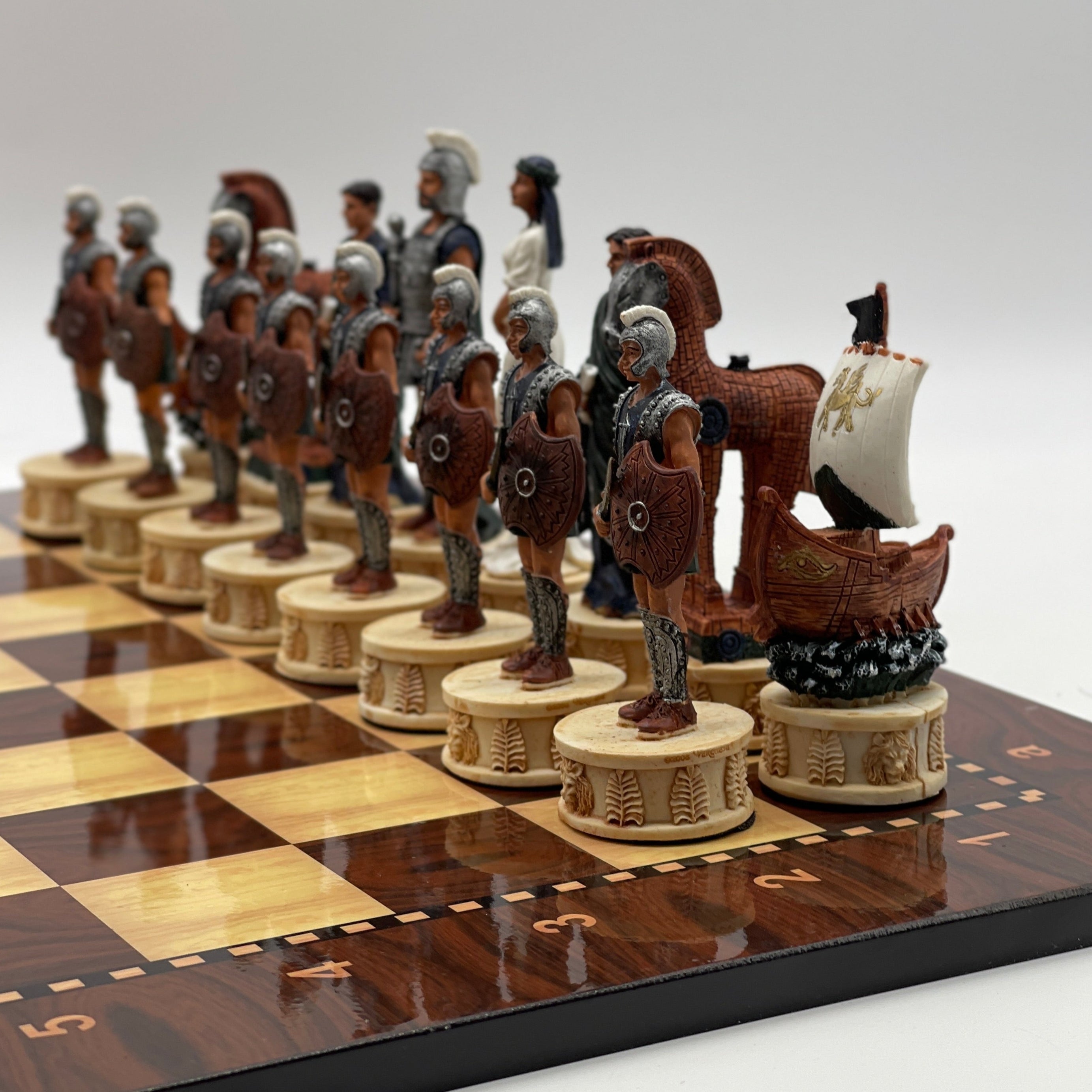 Large Walnut Marble Pattern Chess Board With Trojan Polyester Chess Pieces