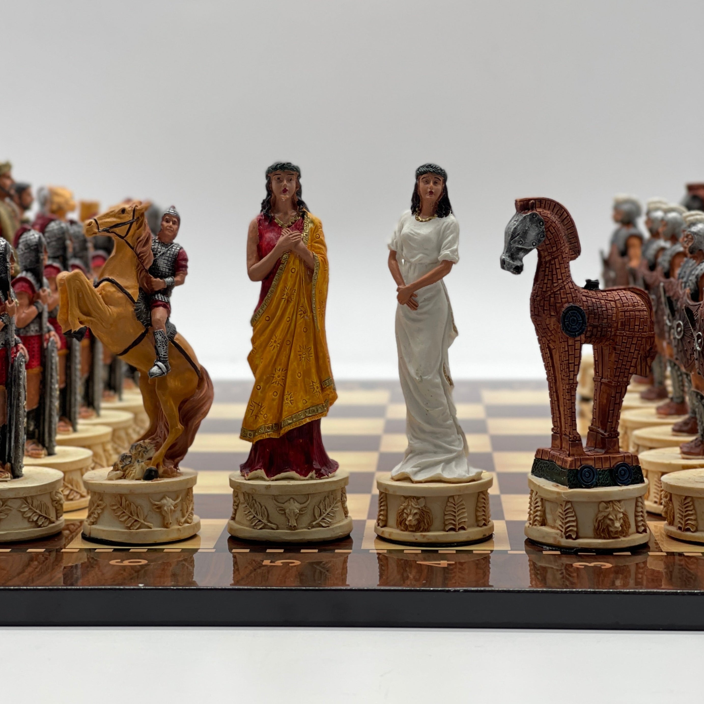 Large Walnut Marble Pattern Chess Board With Trojan Polyester Chess Pieces