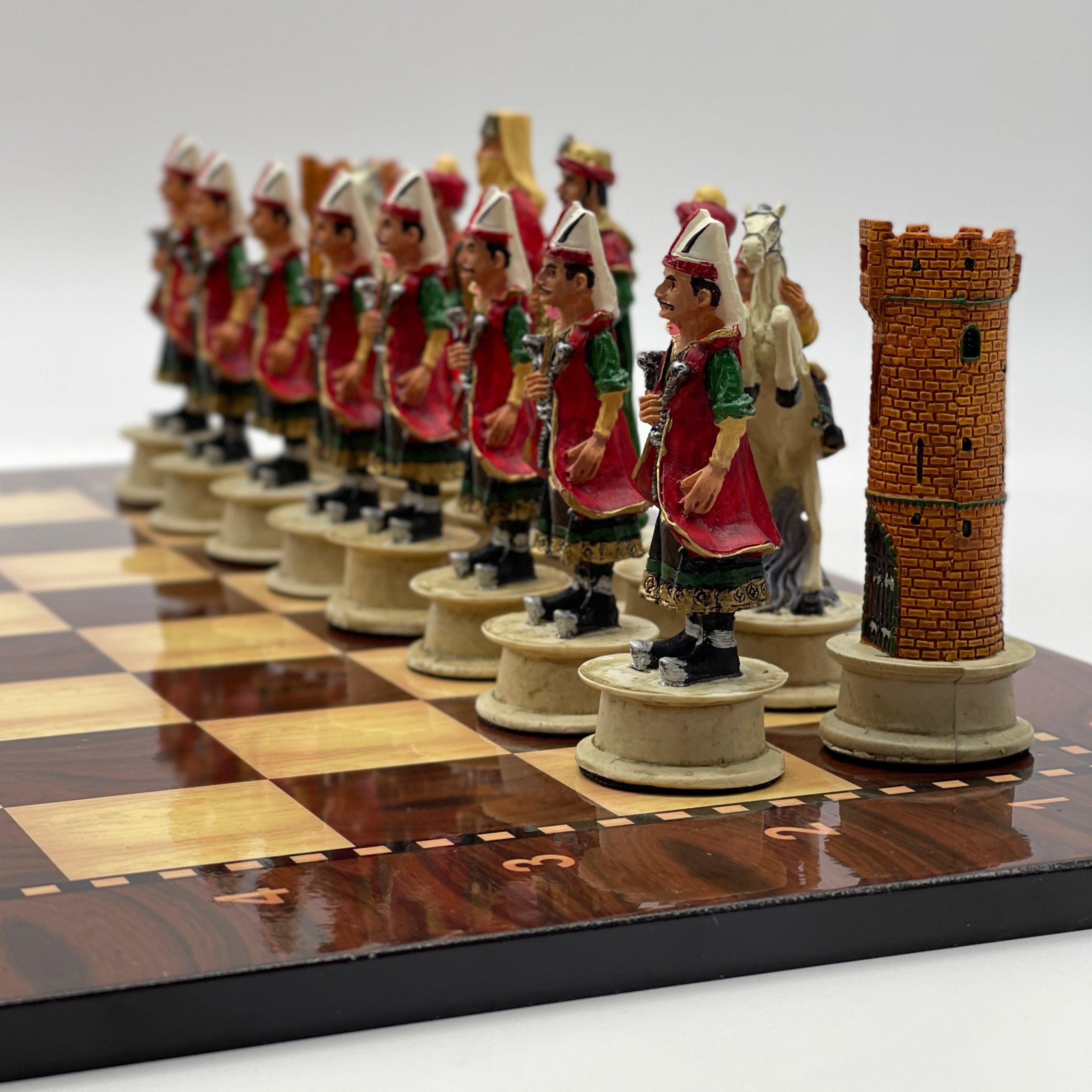 Large Walnut Marble Pattern Chess Board With Romans Polyester Chess Pieces
