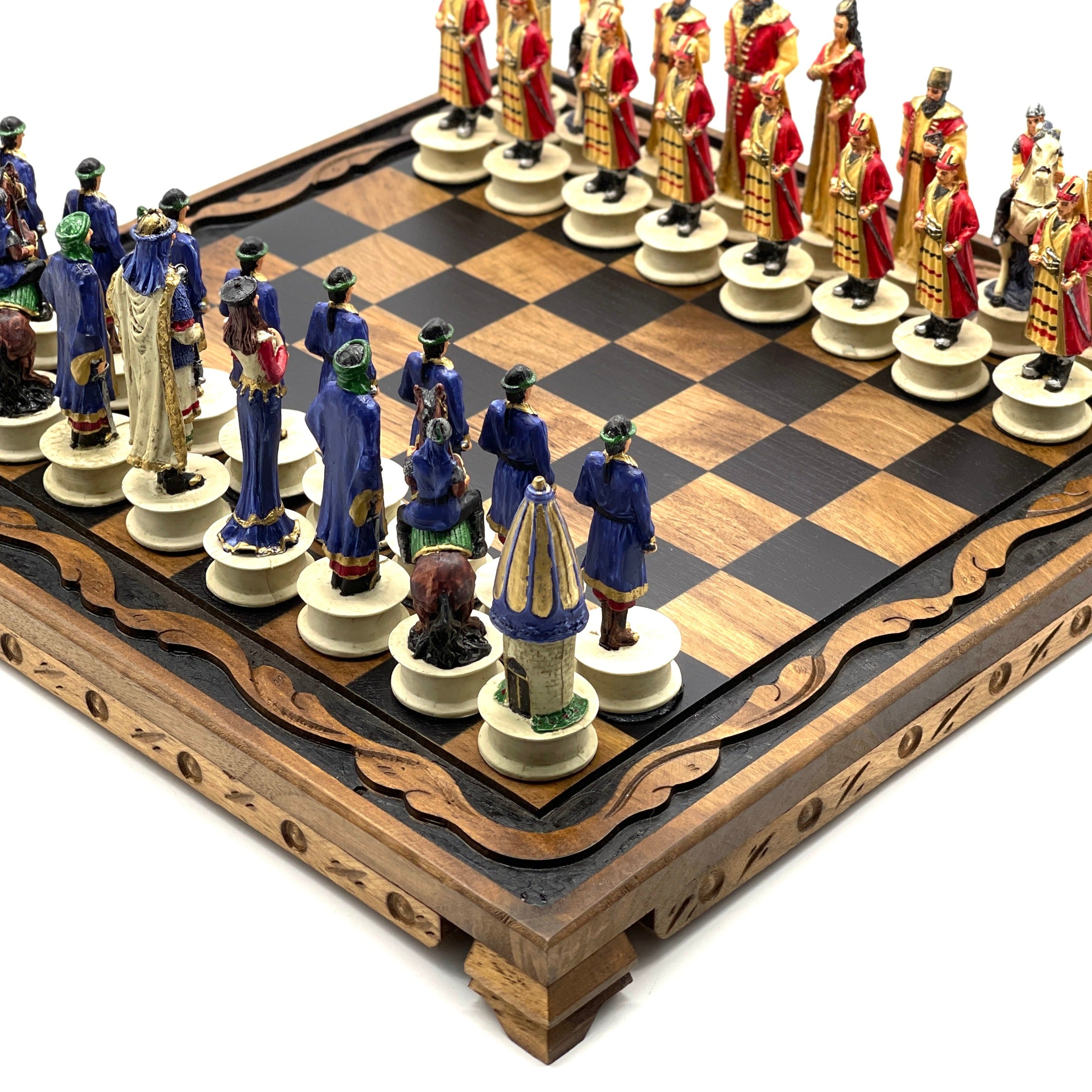 Handmade Wooden Chess Set With Arabian vs Crusaders Polyester Chess Pieces
