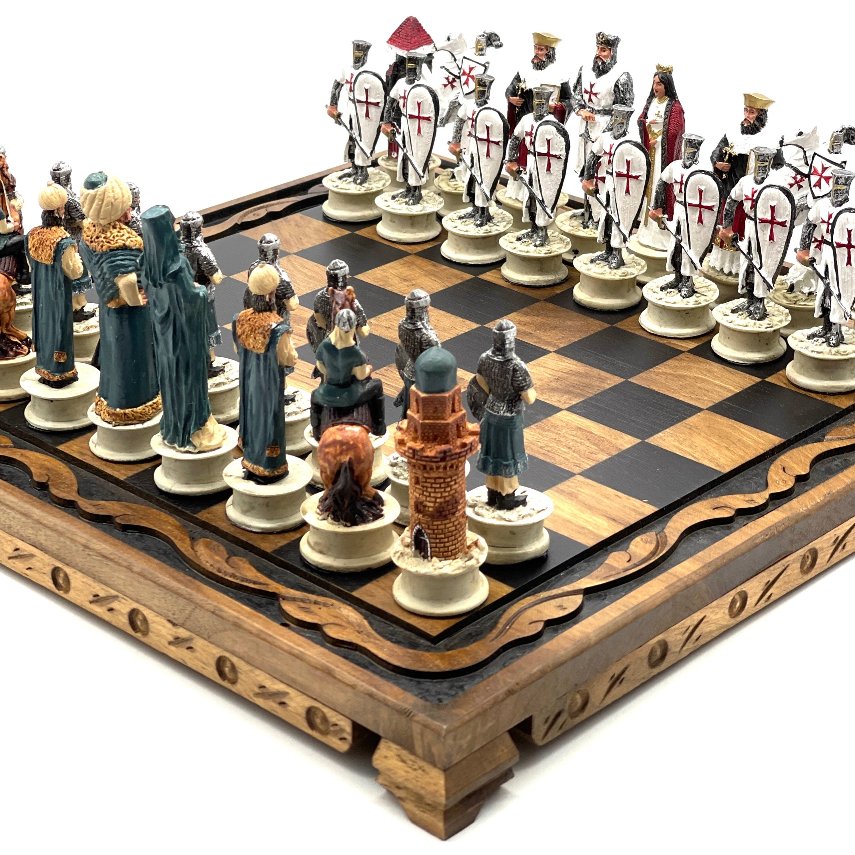 Handmade Wooden Chess Set With Crusaders Polyester Chess Pieces