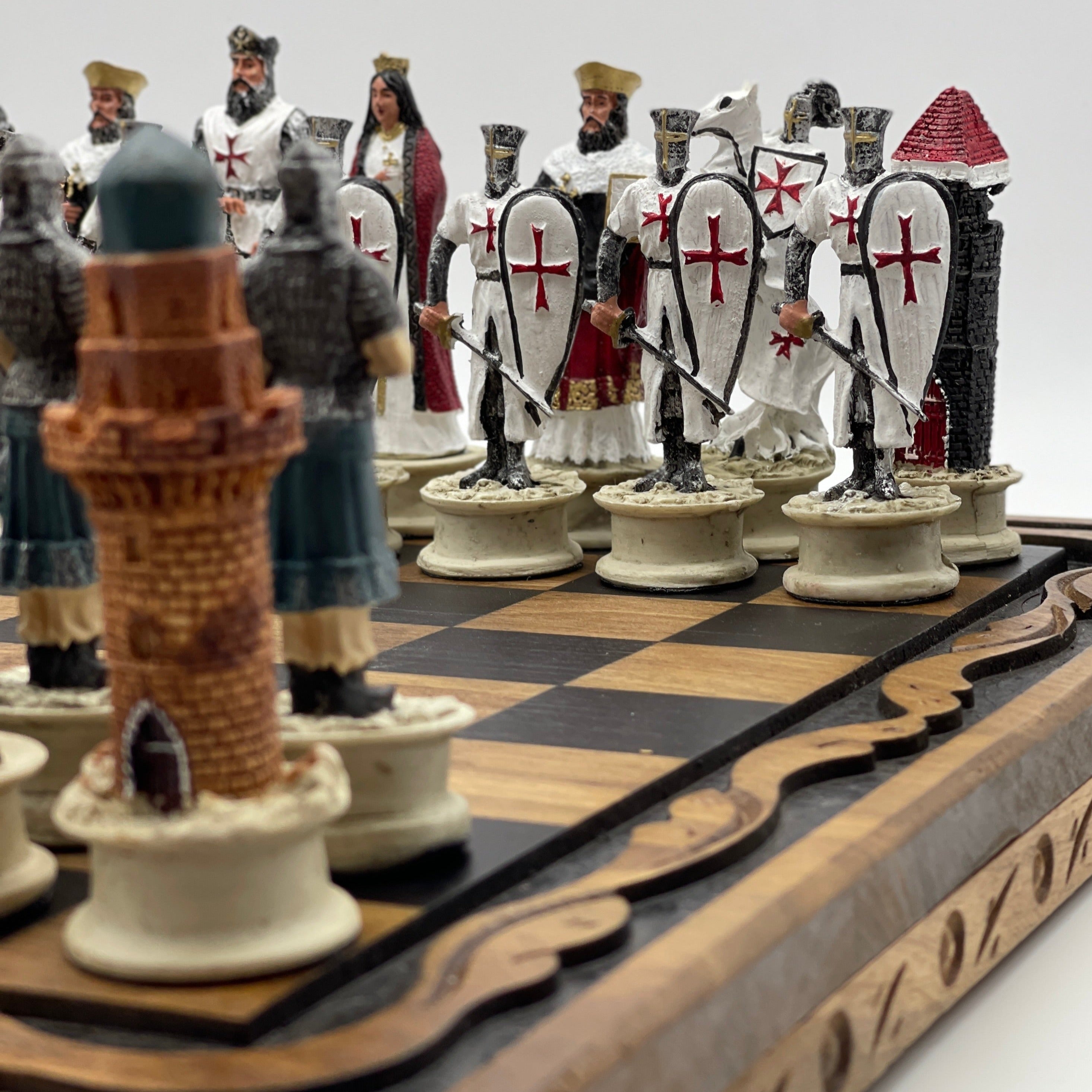 Handmade Wooden Chess Set With Crusaders Polyester Chess Pieces
