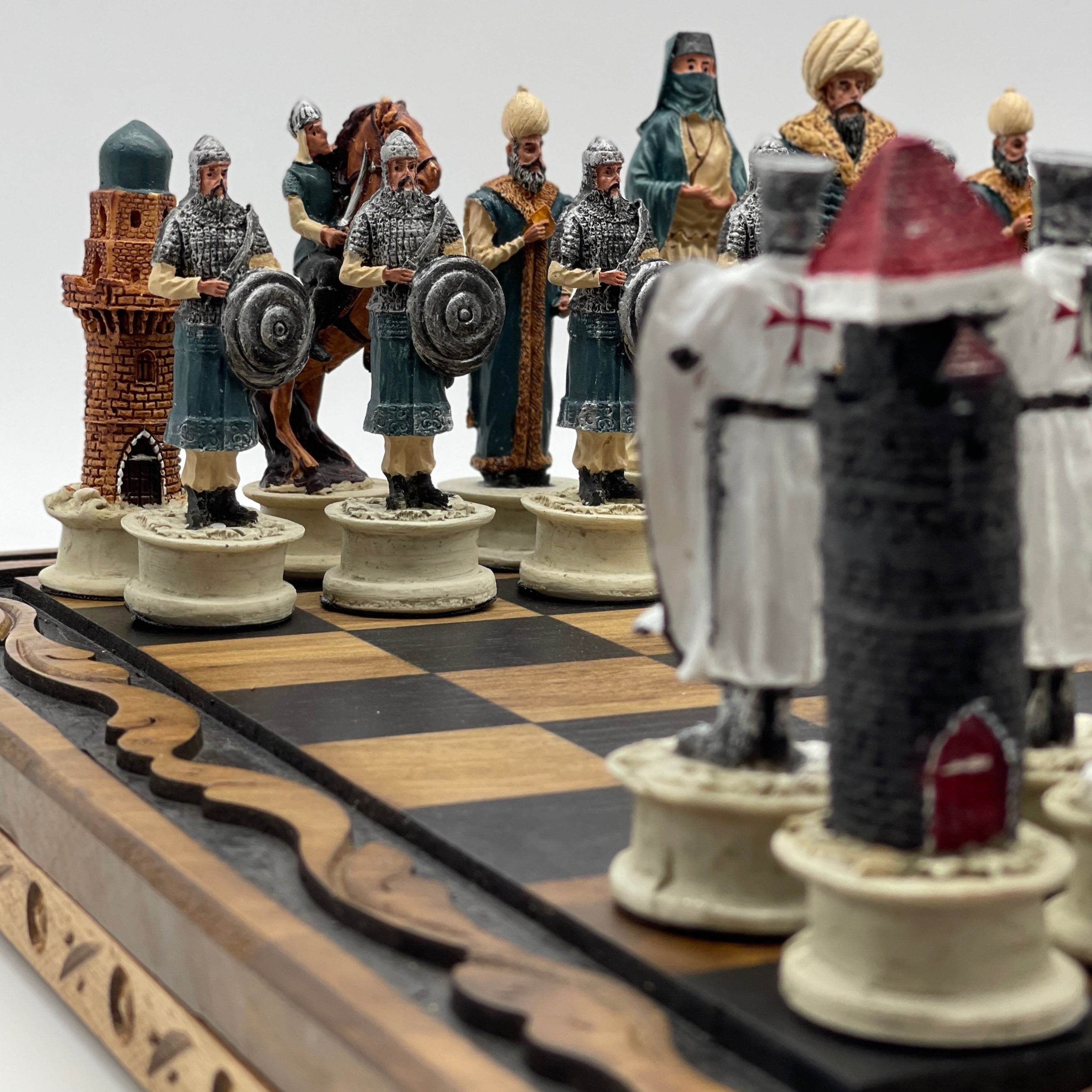 Handmade Wooden Chess Set With Crusaders Polyester Chess Pieces