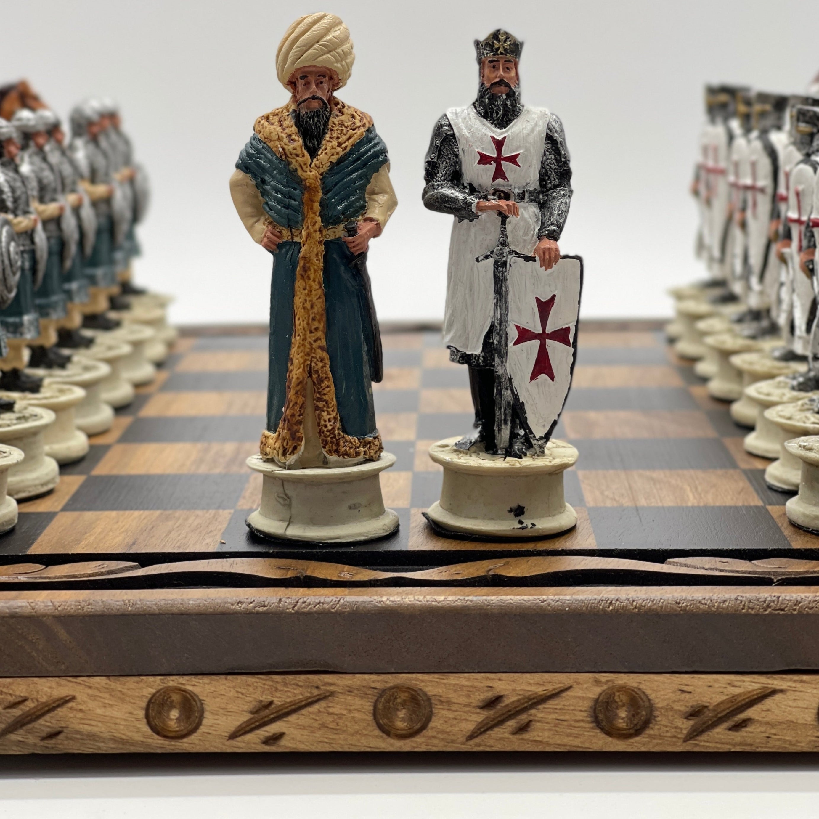 Handmade Wooden Chess Set With Crusaders Polyester Chess Pieces