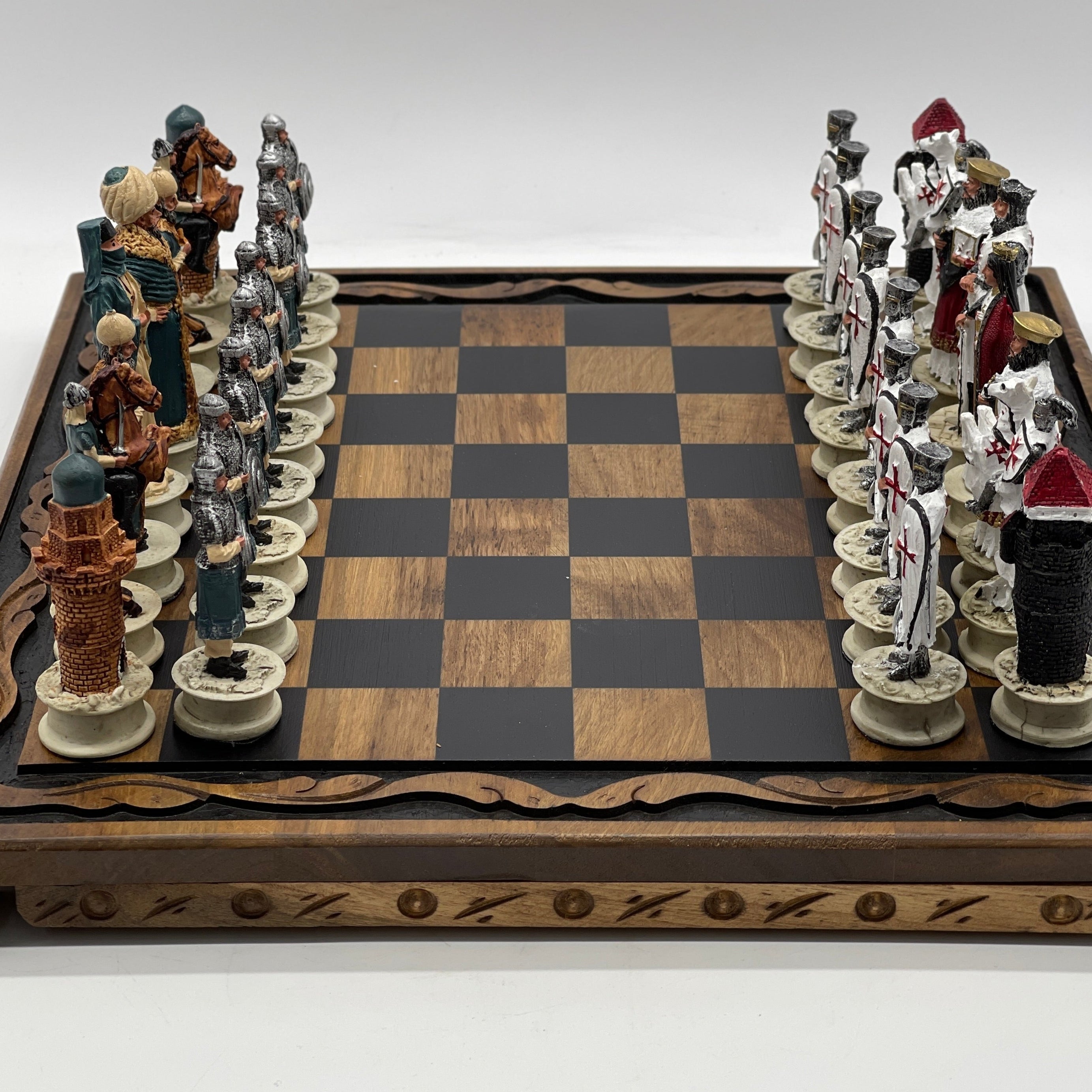 Handmade Wooden Chess Set With Crusaders Polyester Chess Pieces