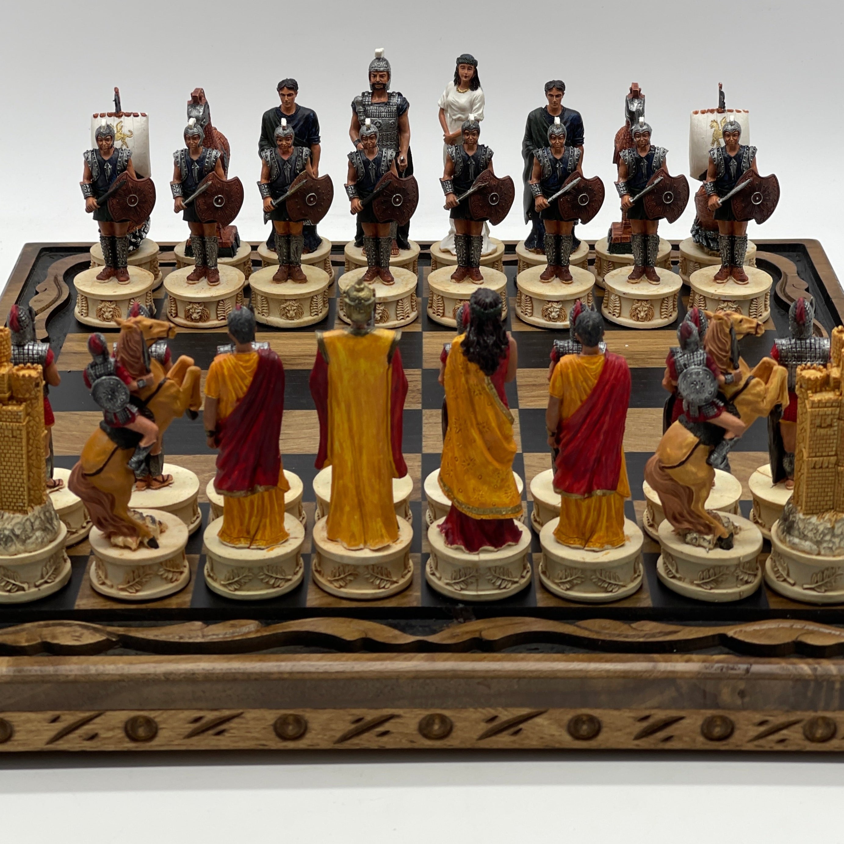 Handmade Wooden Chess Set With Large Trojan Polyester Chess Pieces