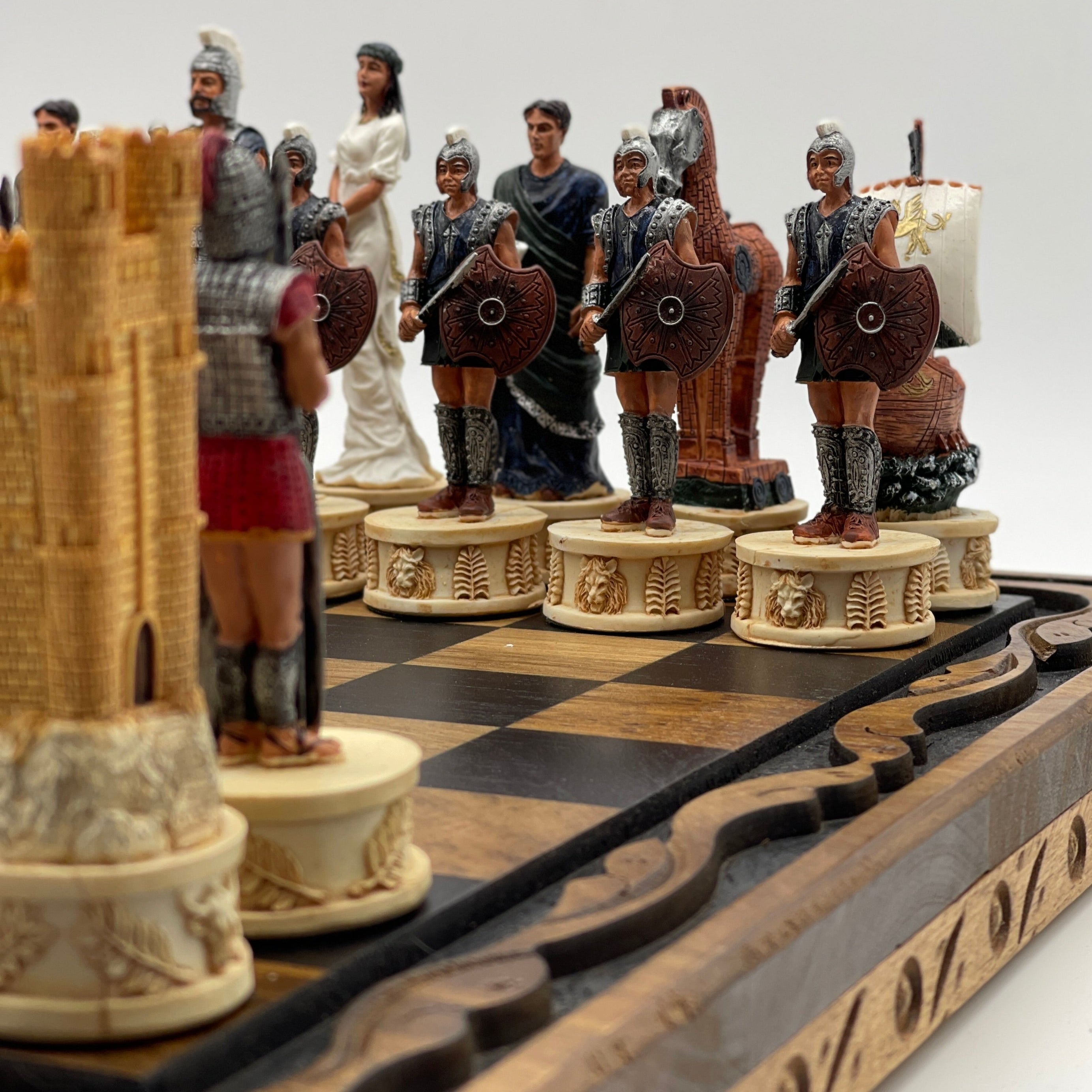 Handmade Wooden Chess Set With Large Trojan Polyester Chess Pieces