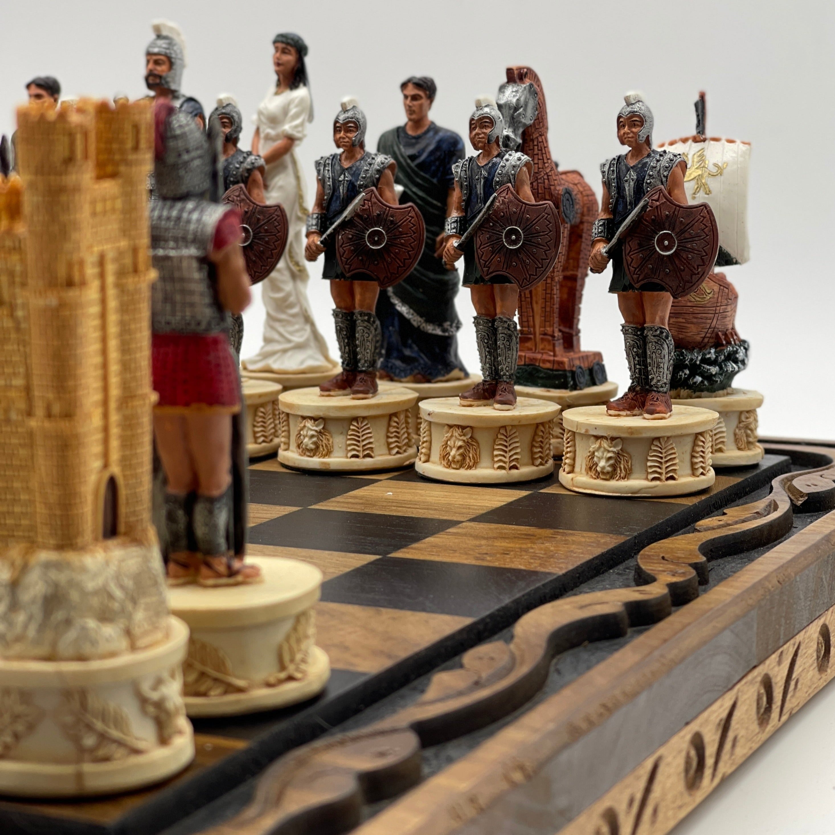 Handmade Wooden Chess Set With Large Trojan Polyester Chess Pieces