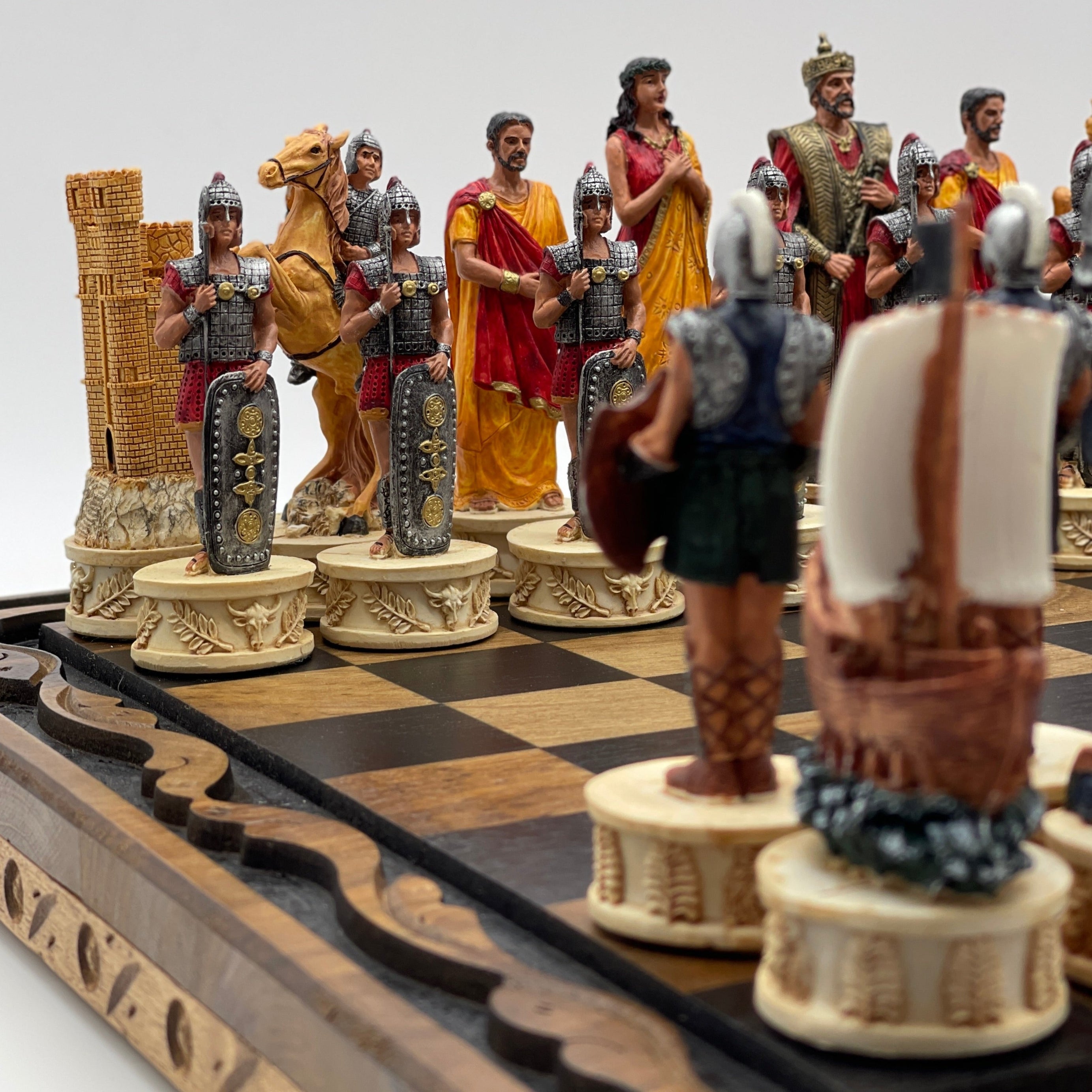 Handmade Wooden Chess Set With Large Trojan Polyester Chess Pieces