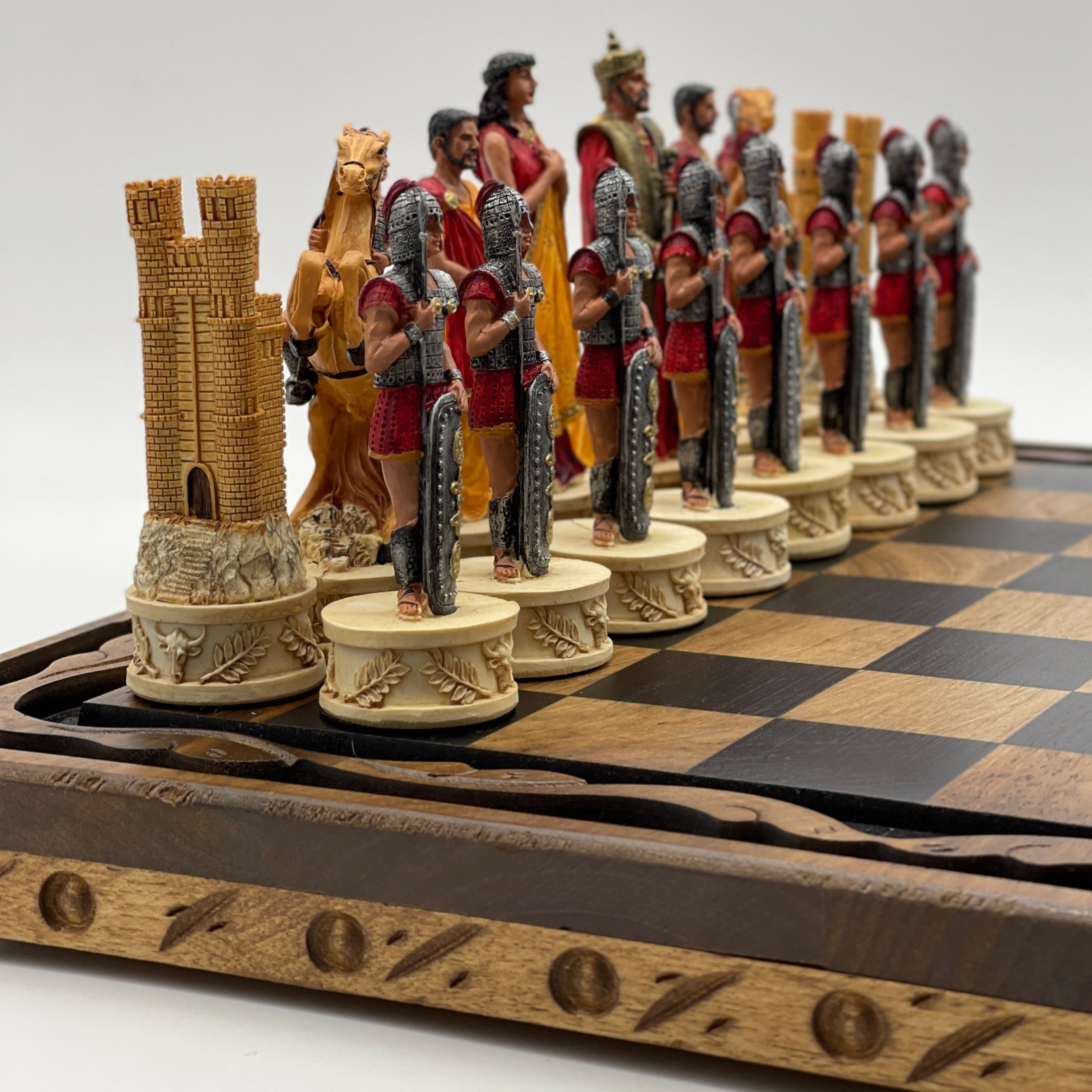 Handmade Wooden Chess Set With Large Trojan Polyester Chess Pieces