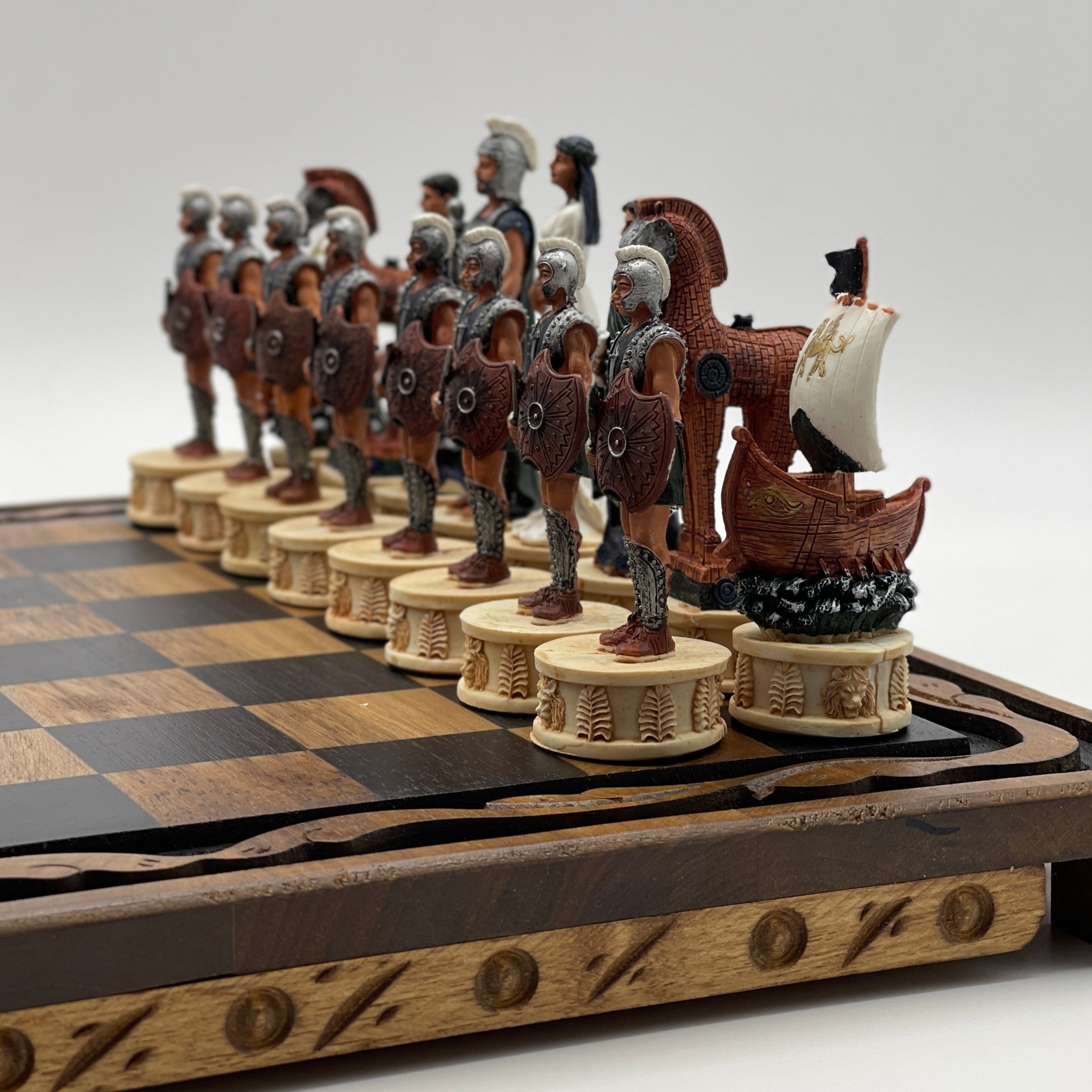 Handmade Wooden Chess Set With Large Trojan Polyester Chess Pieces