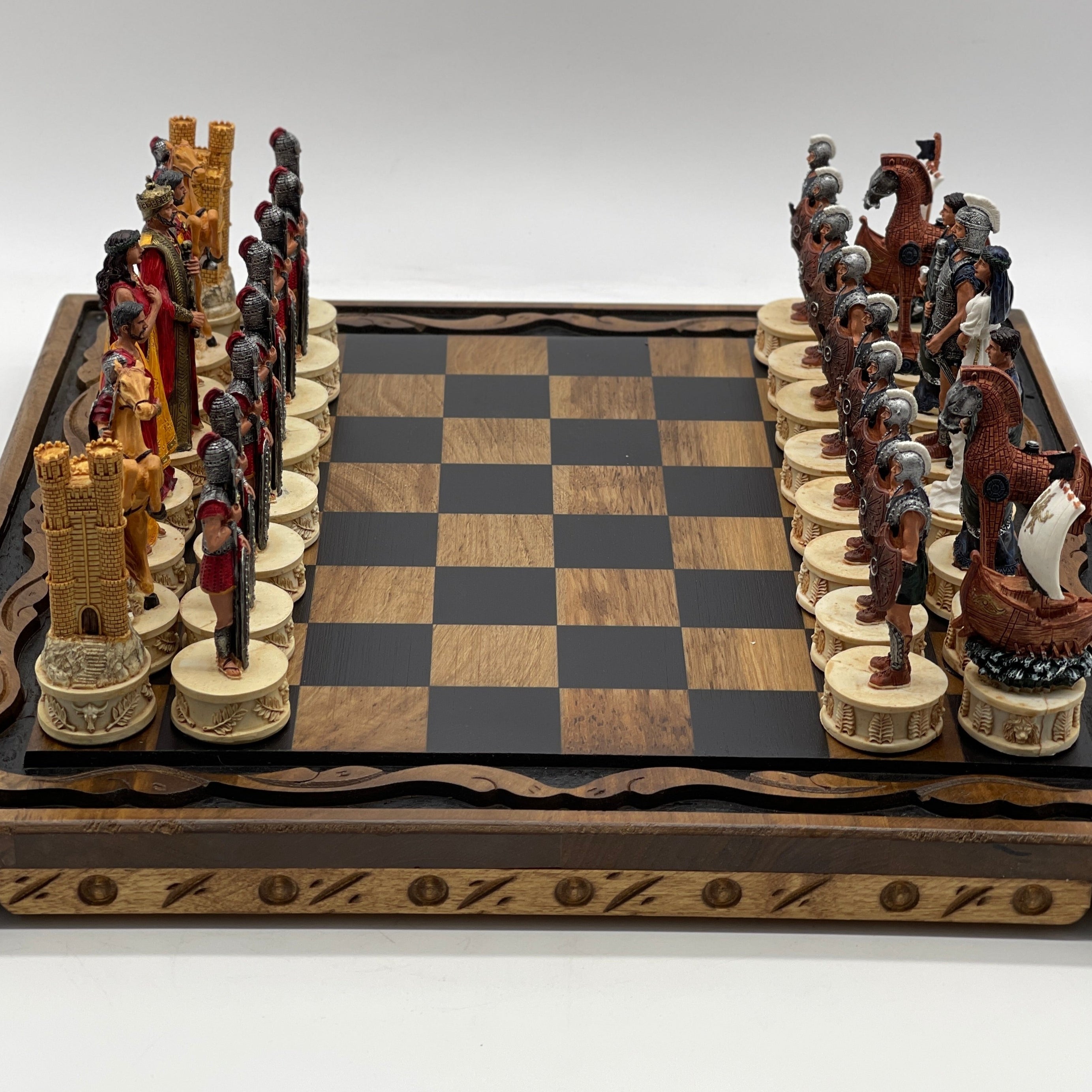 Handmade Wooden Chess Set With Large Trojan Polyester Chess Pieces