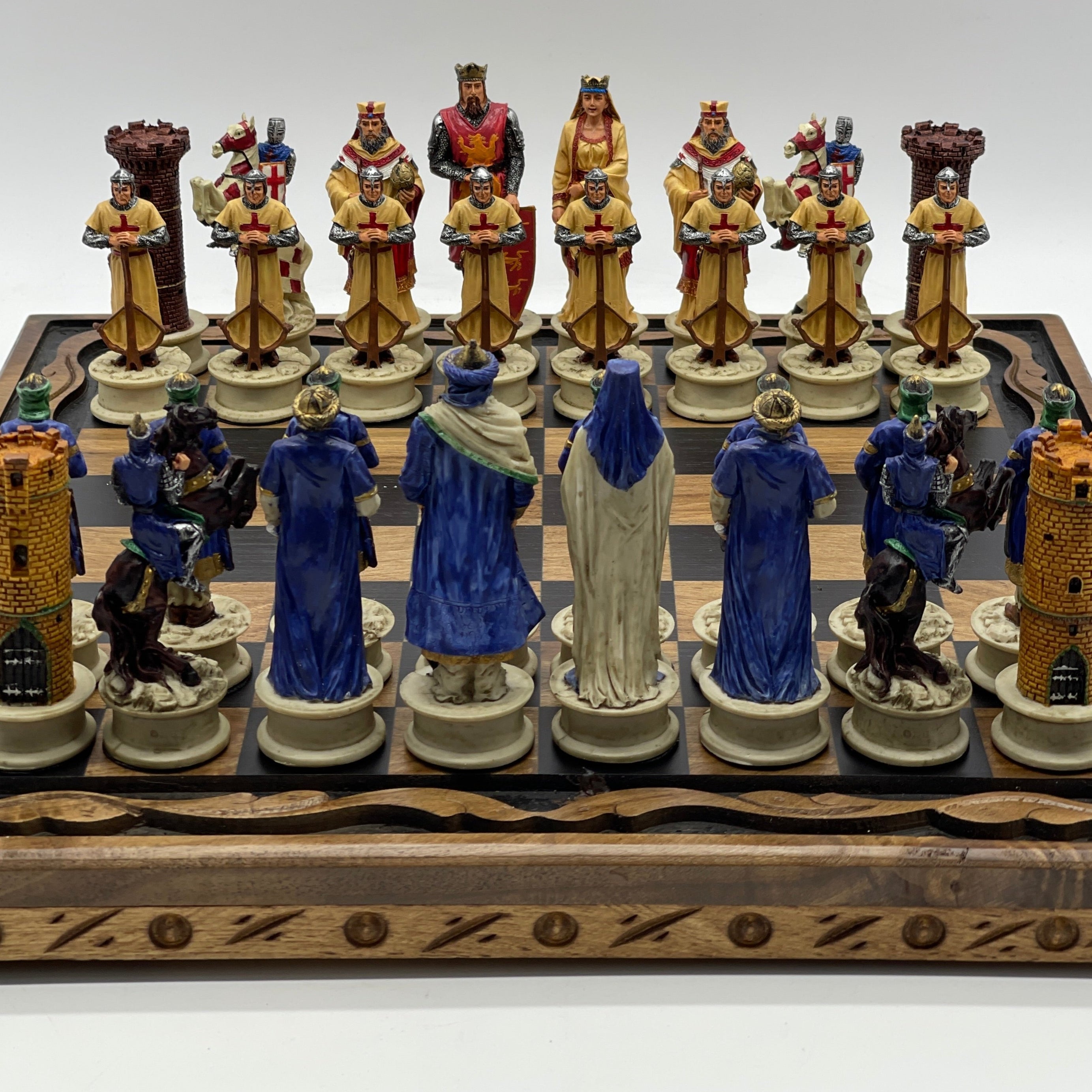 Handmade Wooden Chess Set With Large Crusaders Polyester Chess Pieces