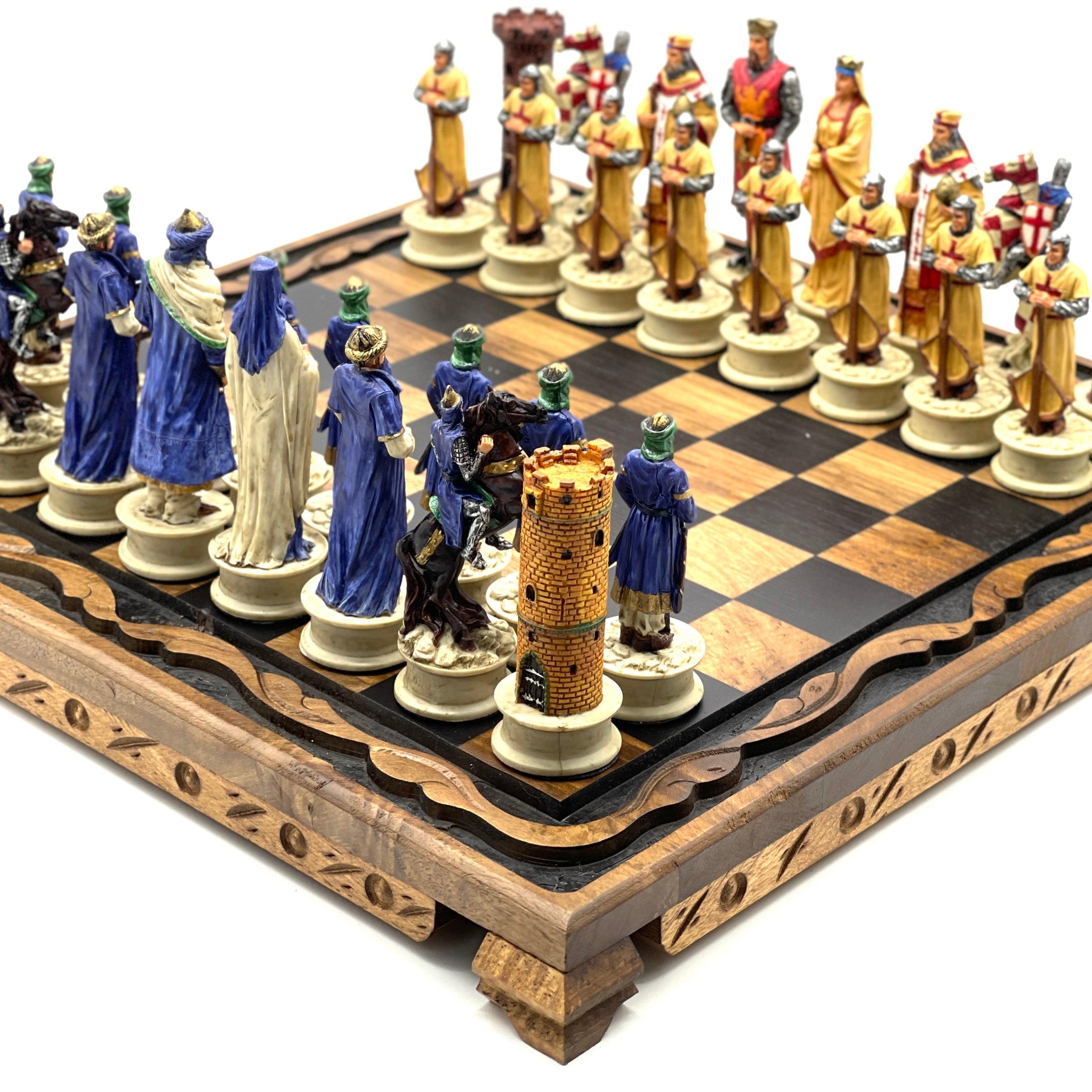 Handmade Wooden Chess Set With Large Crusaders Polyester Chess Pieces