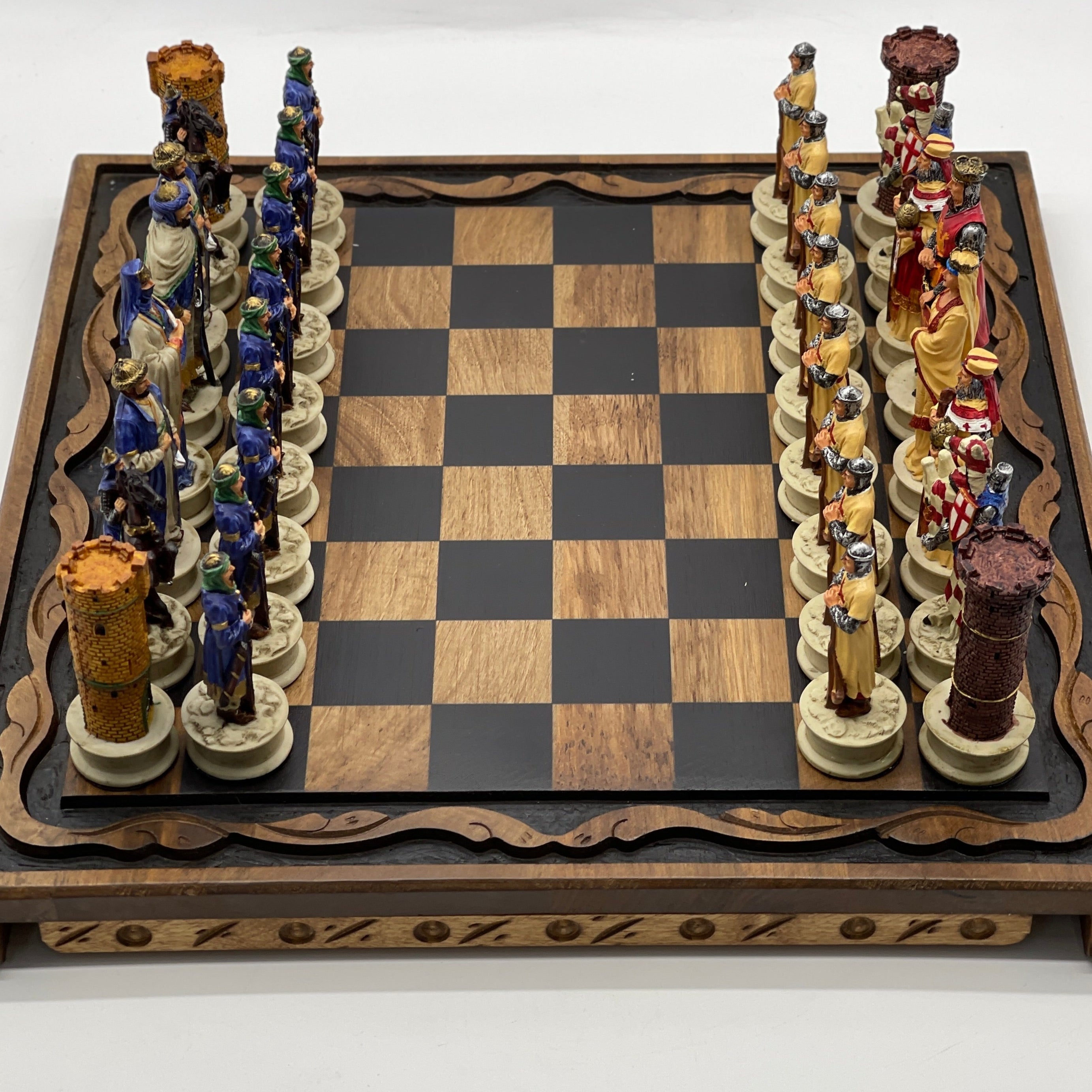 Handmade Wooden Chess Set With Large Crusaders Polyester Chess Pieces