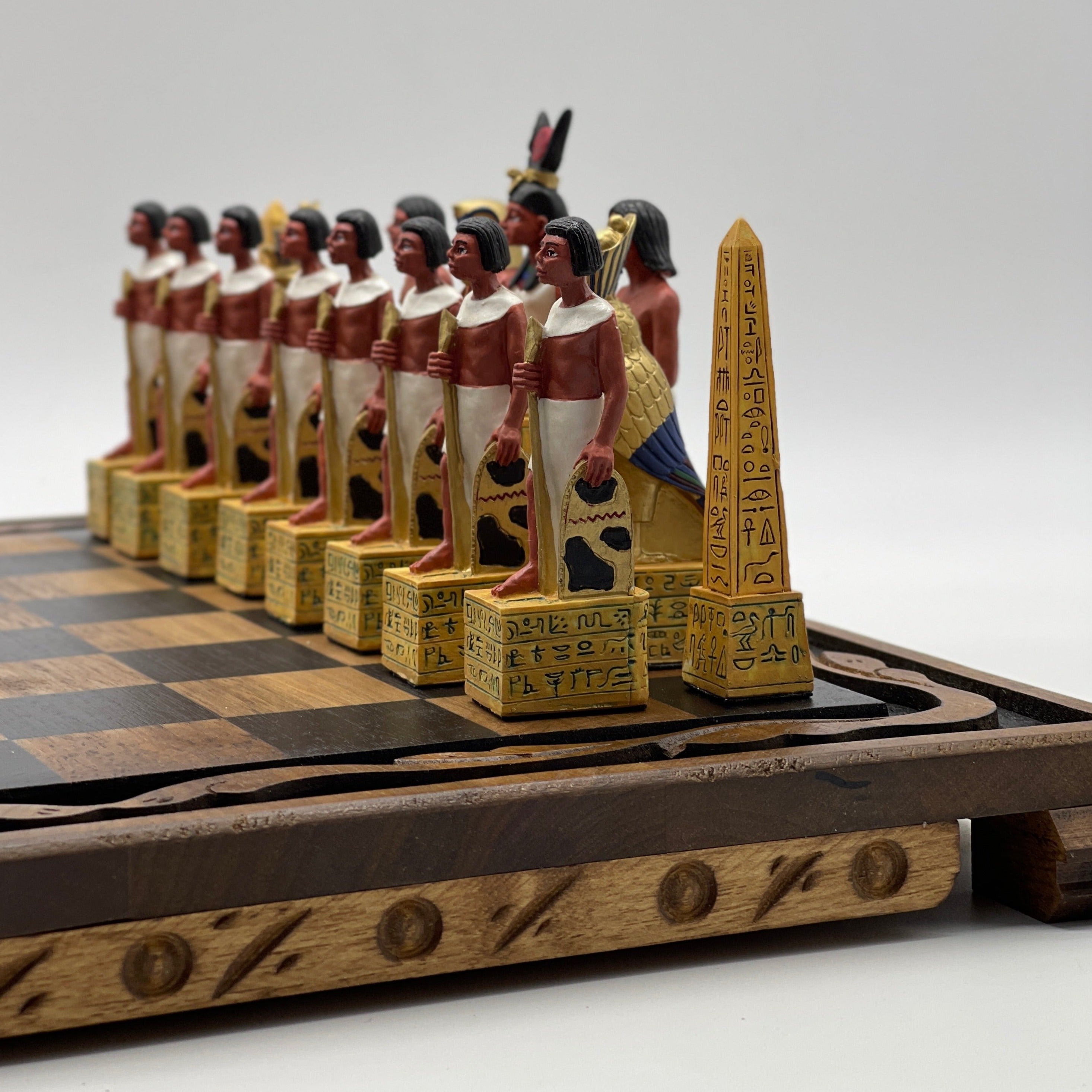 Handmade Wooden Chess Set With Egyptian Polyester Chess Pieces