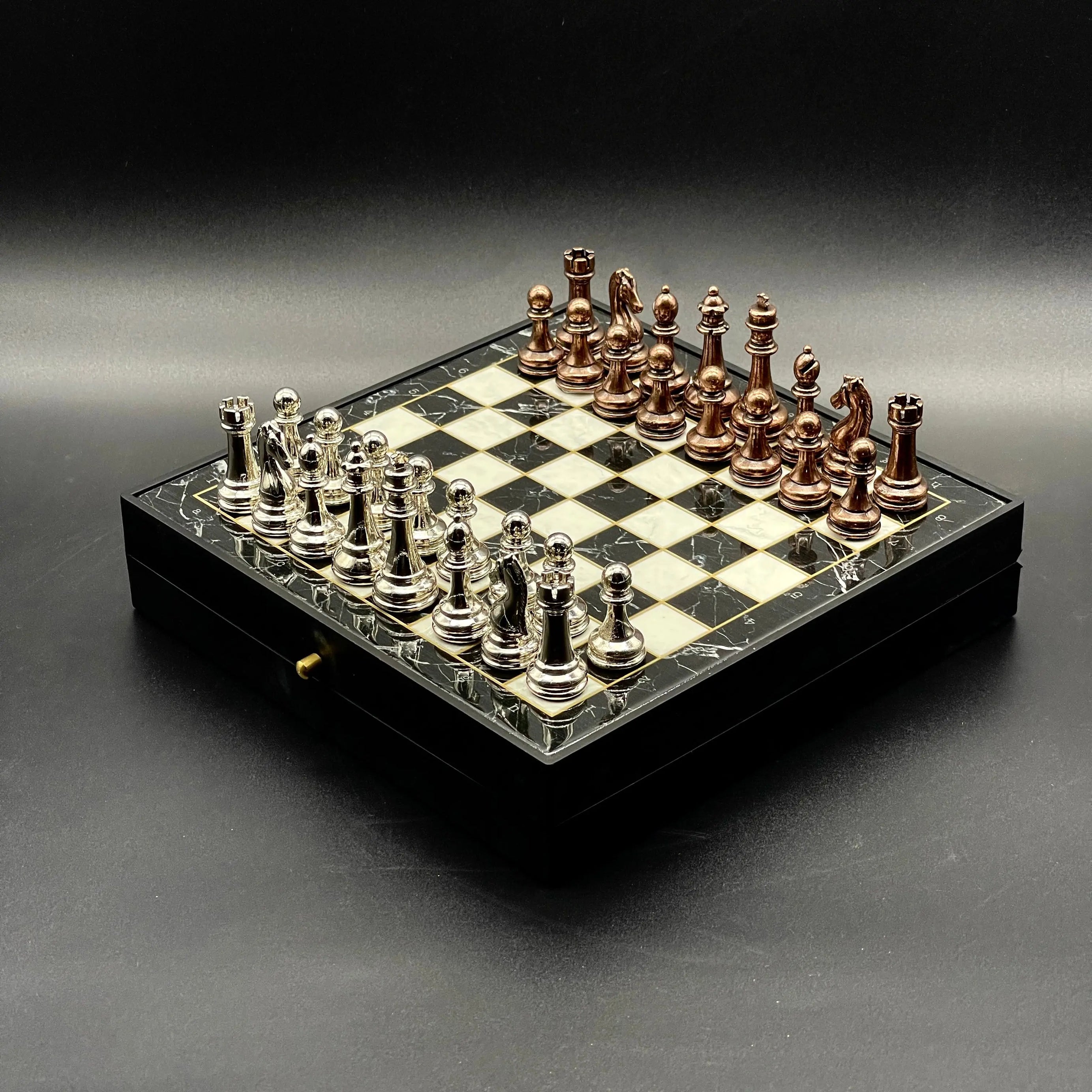 7.8" VIP Personalized Small Storage Chess Set With Metal Chess Pieces AsyaWoodArt