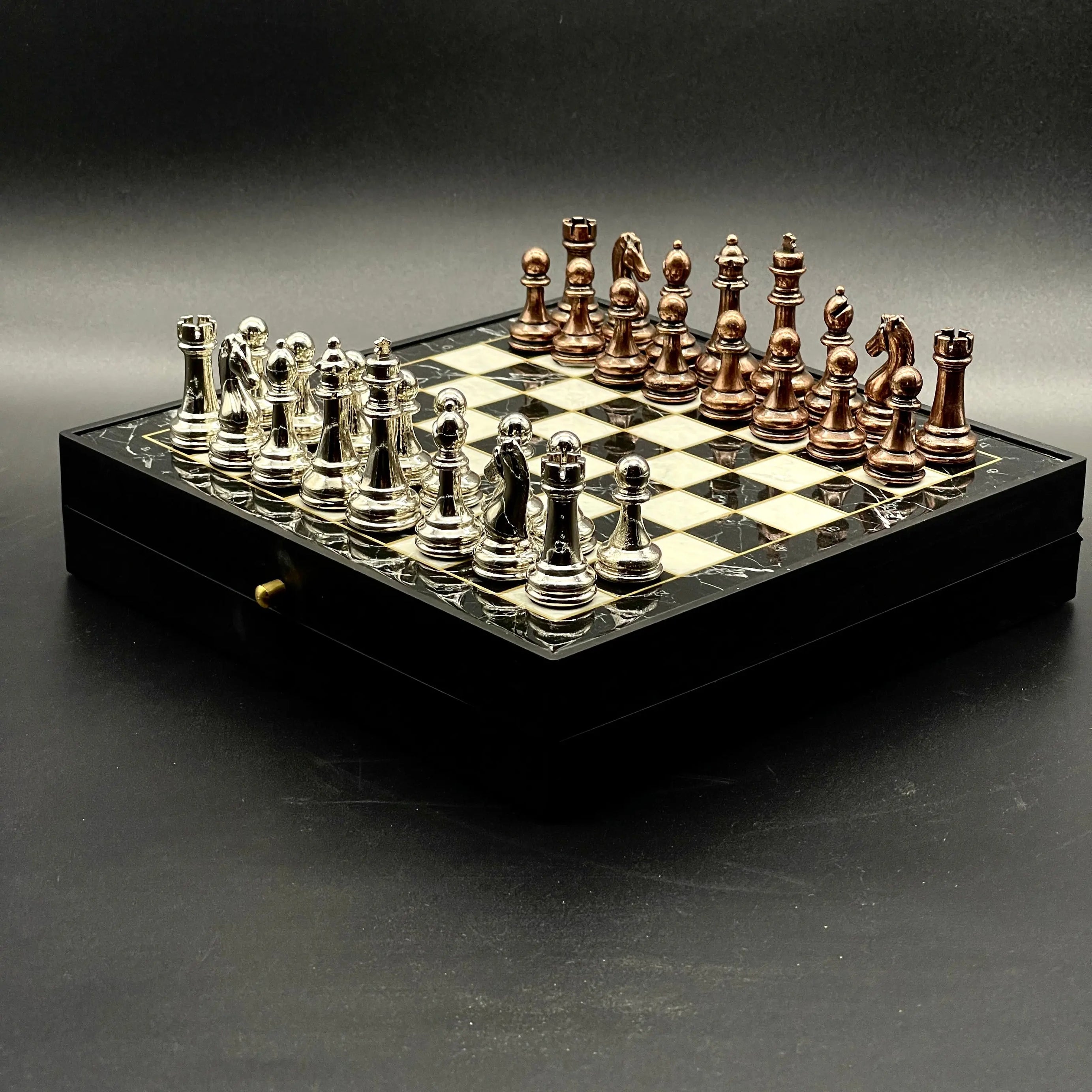 7.8" VIP Personalized Small Storage Chess Set With Metal Chess Pieces AsyaWoodArt