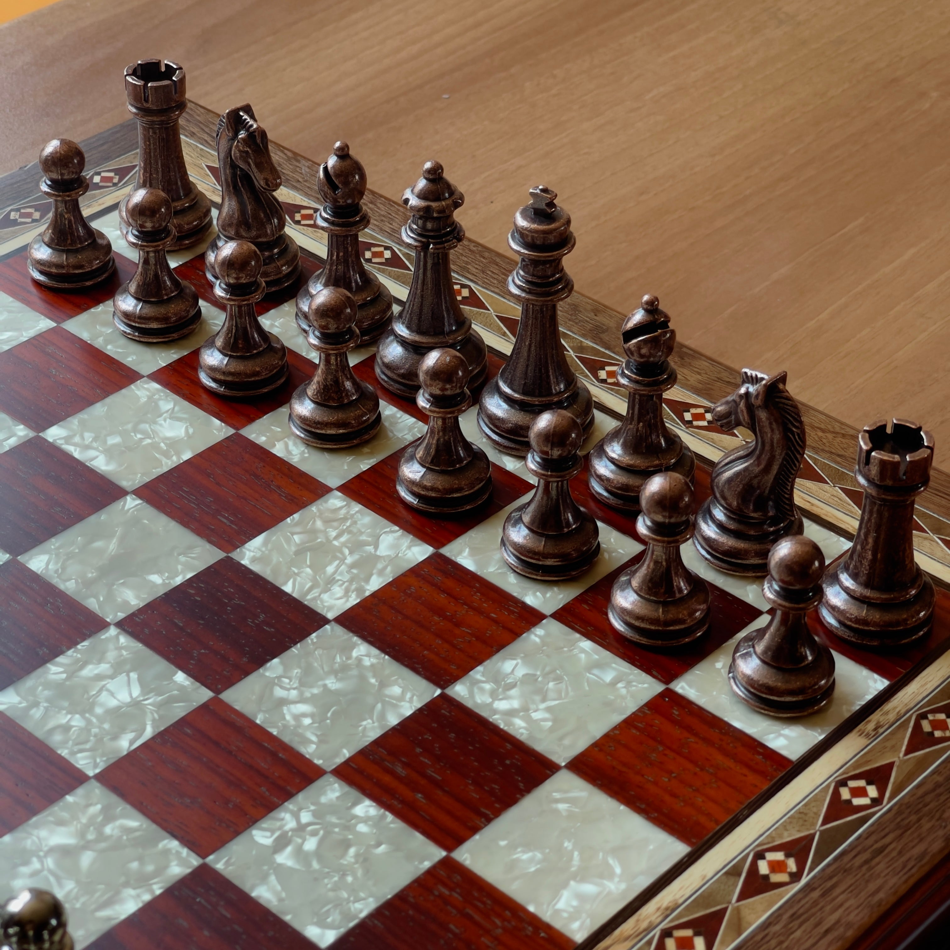 Walnut 360 Degree Drawers Storage Chess Set with Metal Theme Chess Pieces