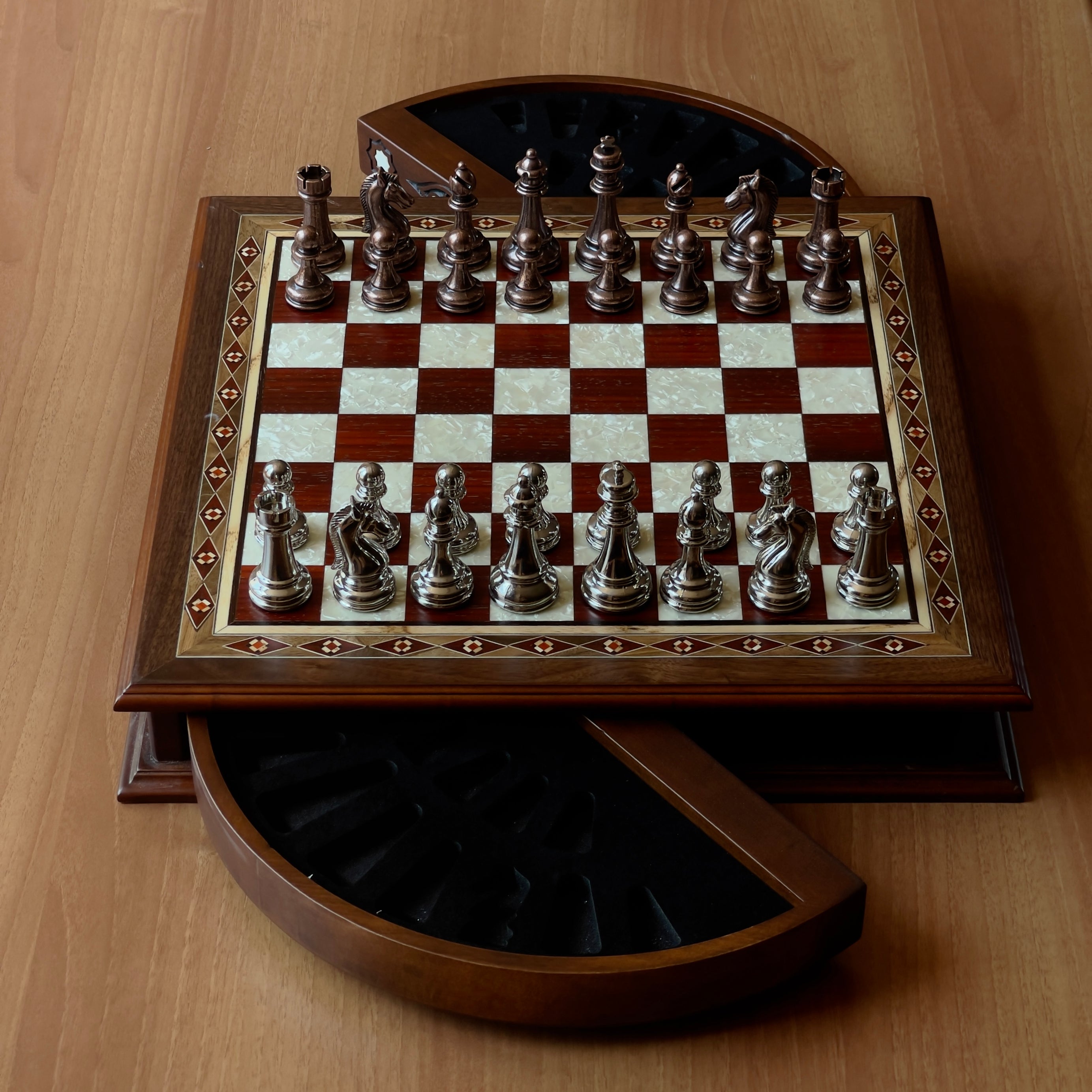 Walnut 360 Degree Drawers Storage Chess Set with Metal Theme Chess Pieces