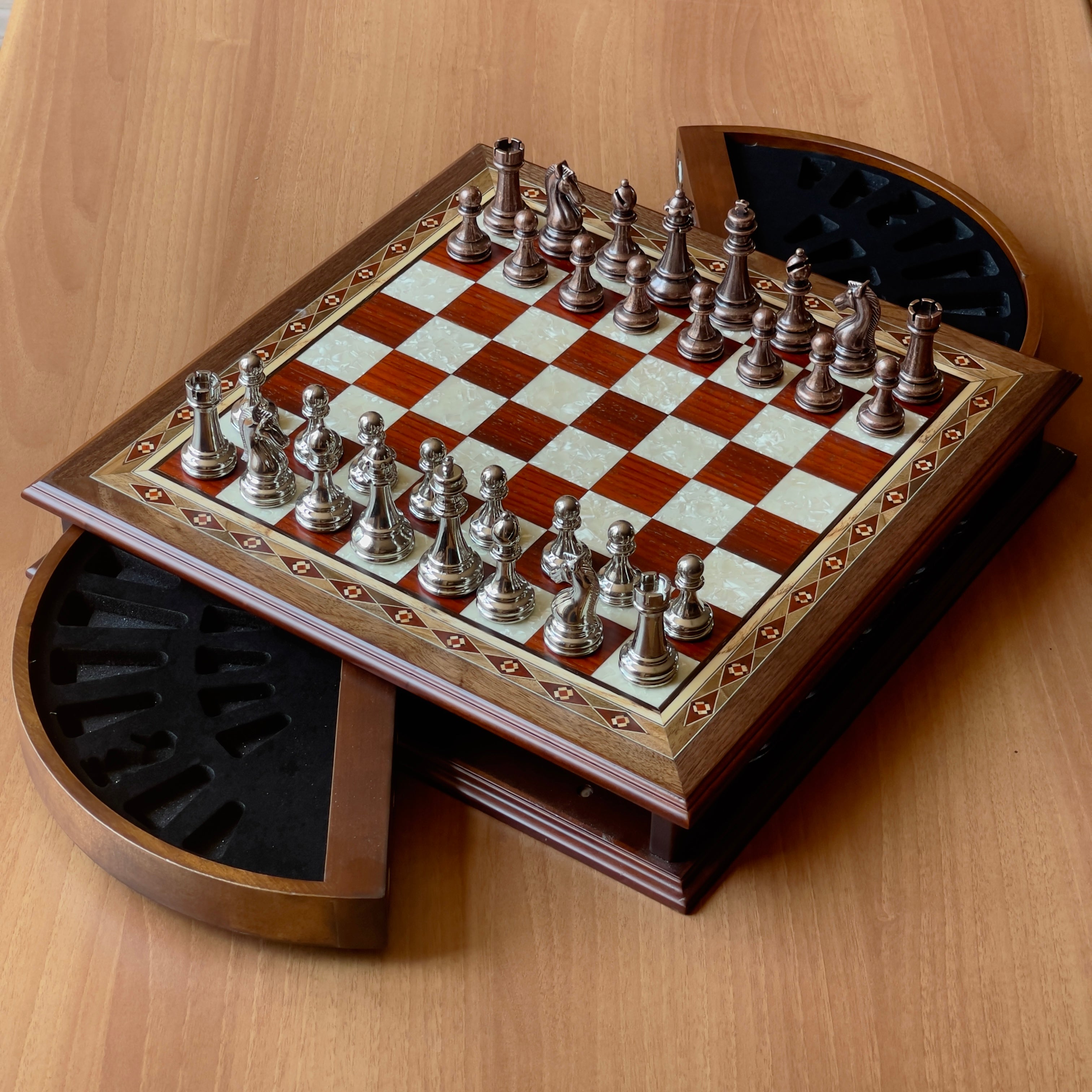 Luxury Chess Set, Personalized Wooden Chess Board with Storage Metal Theme Chess Pieces store , Decorative Chess Set,