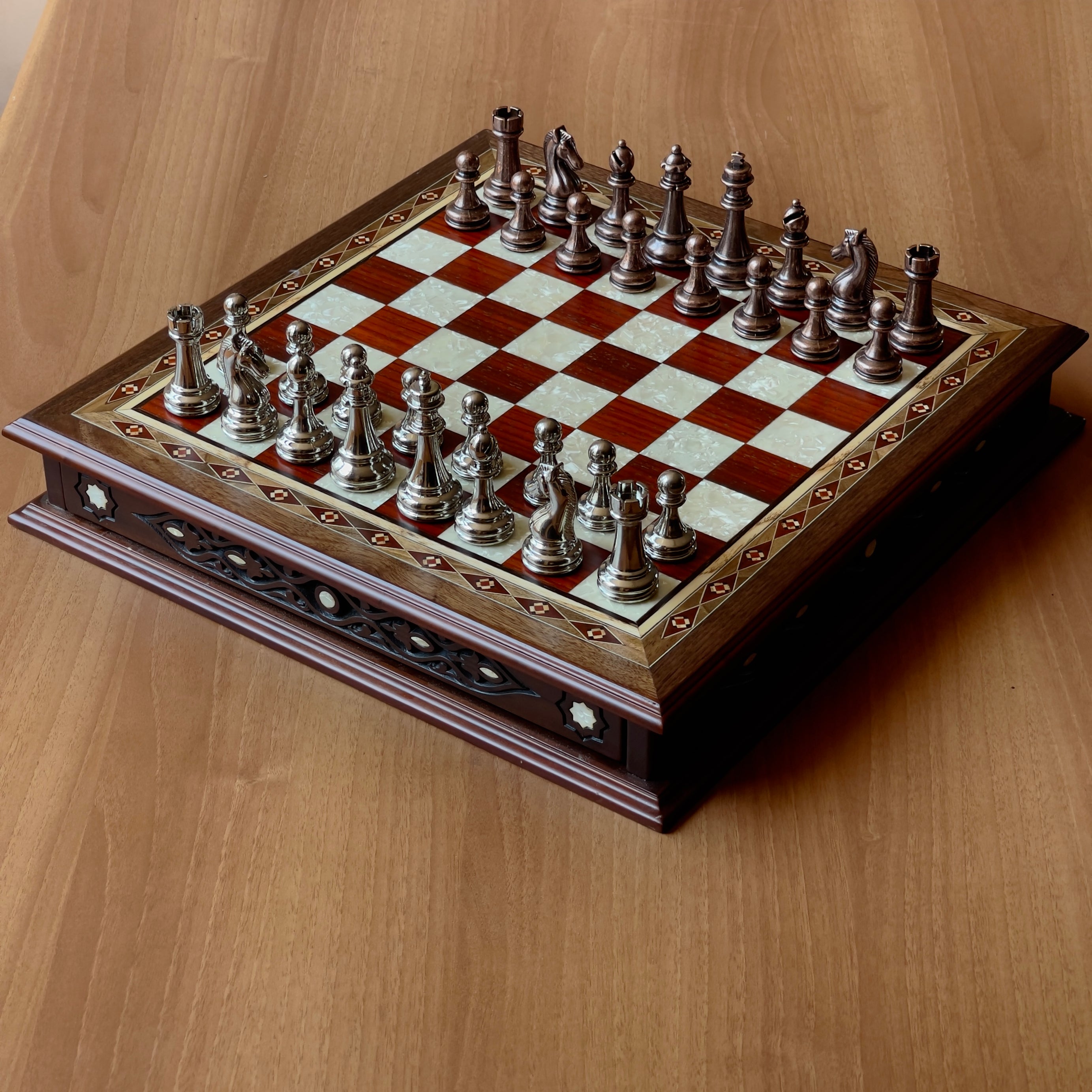 Walnut 360 Degree Drawers Storage Chess Set with Metal Theme Chess Pieces