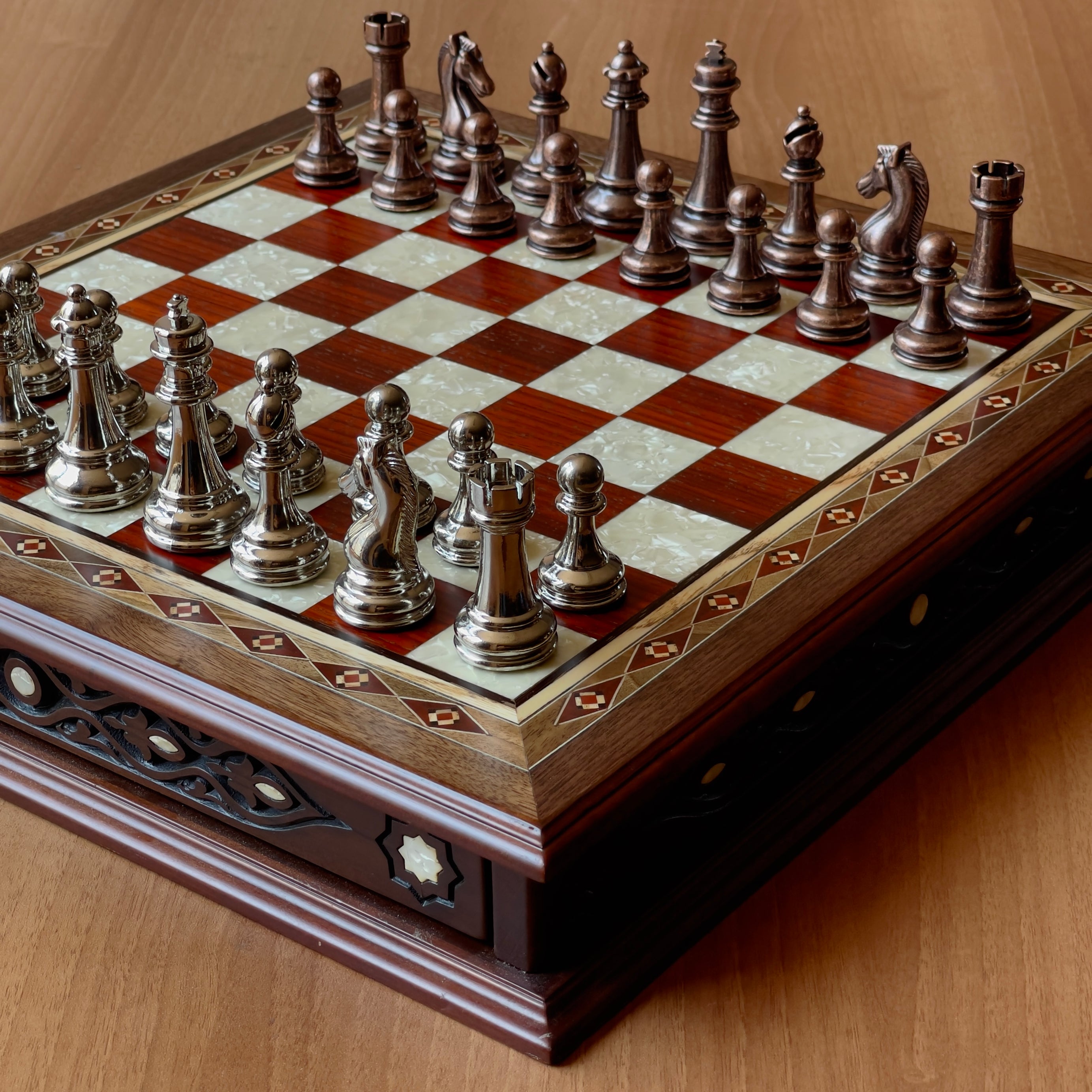 Walnut 360 Degree Drawers Storage Chess Set with Metal Theme Chess Pieces