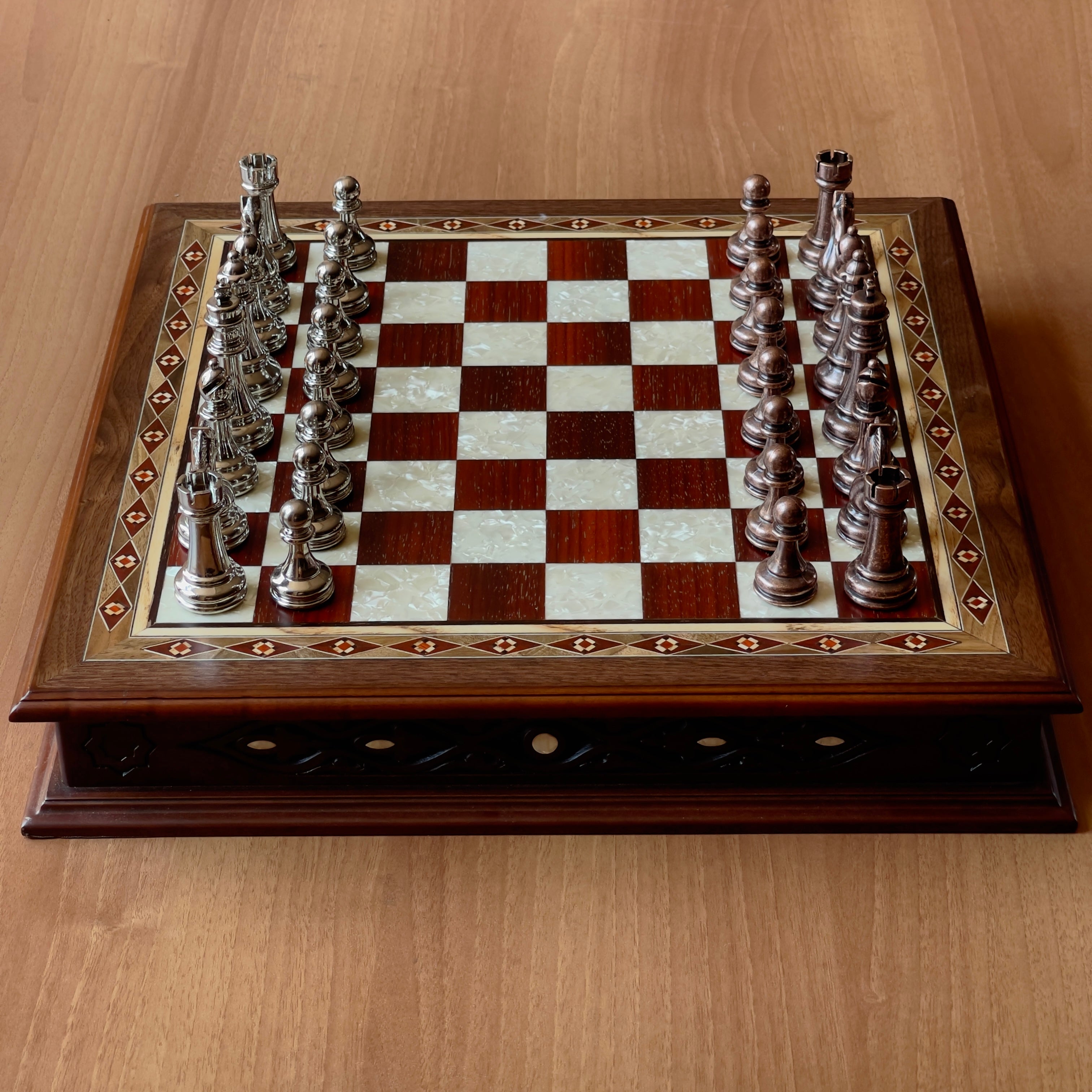 Walnut 360 Degree Drawers Storage Chess Set with Metal Theme Chess Pieces