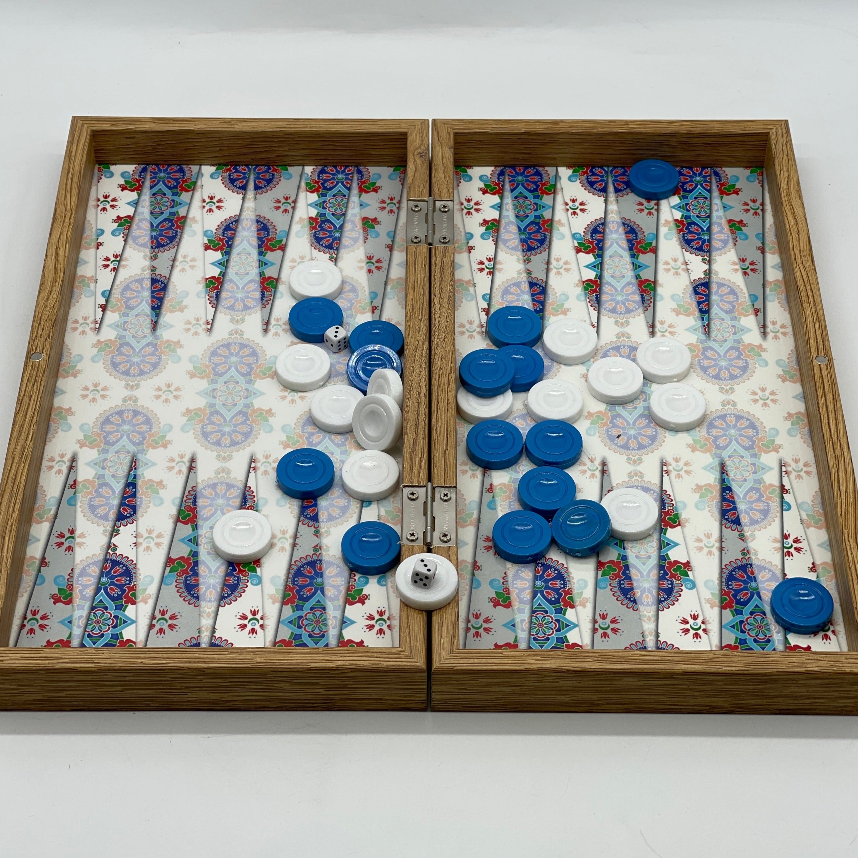 Handmade White Blue Mosaic Pattern Backgammon Set