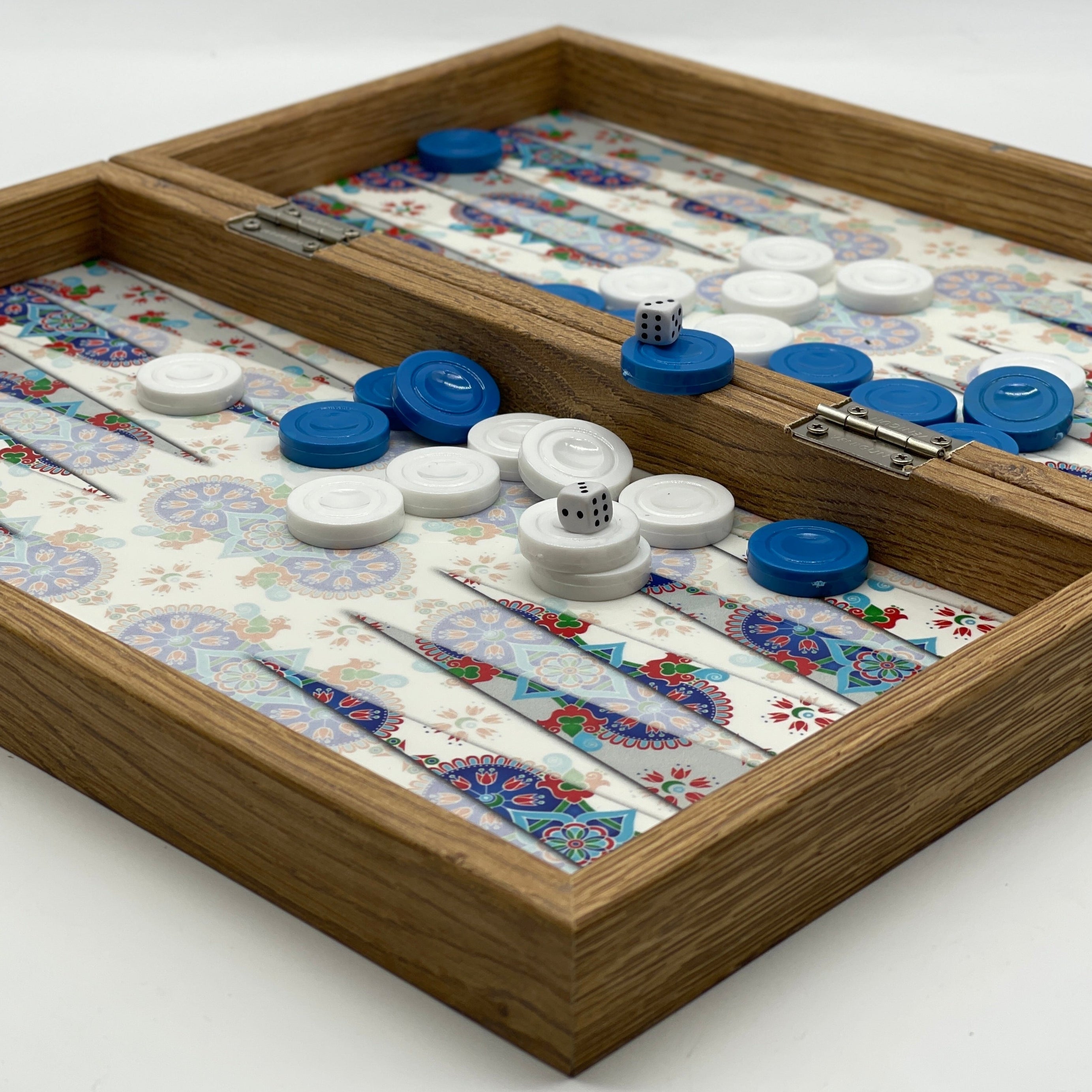 Handmade White Blue Mosaic Pattern Backgammon Set