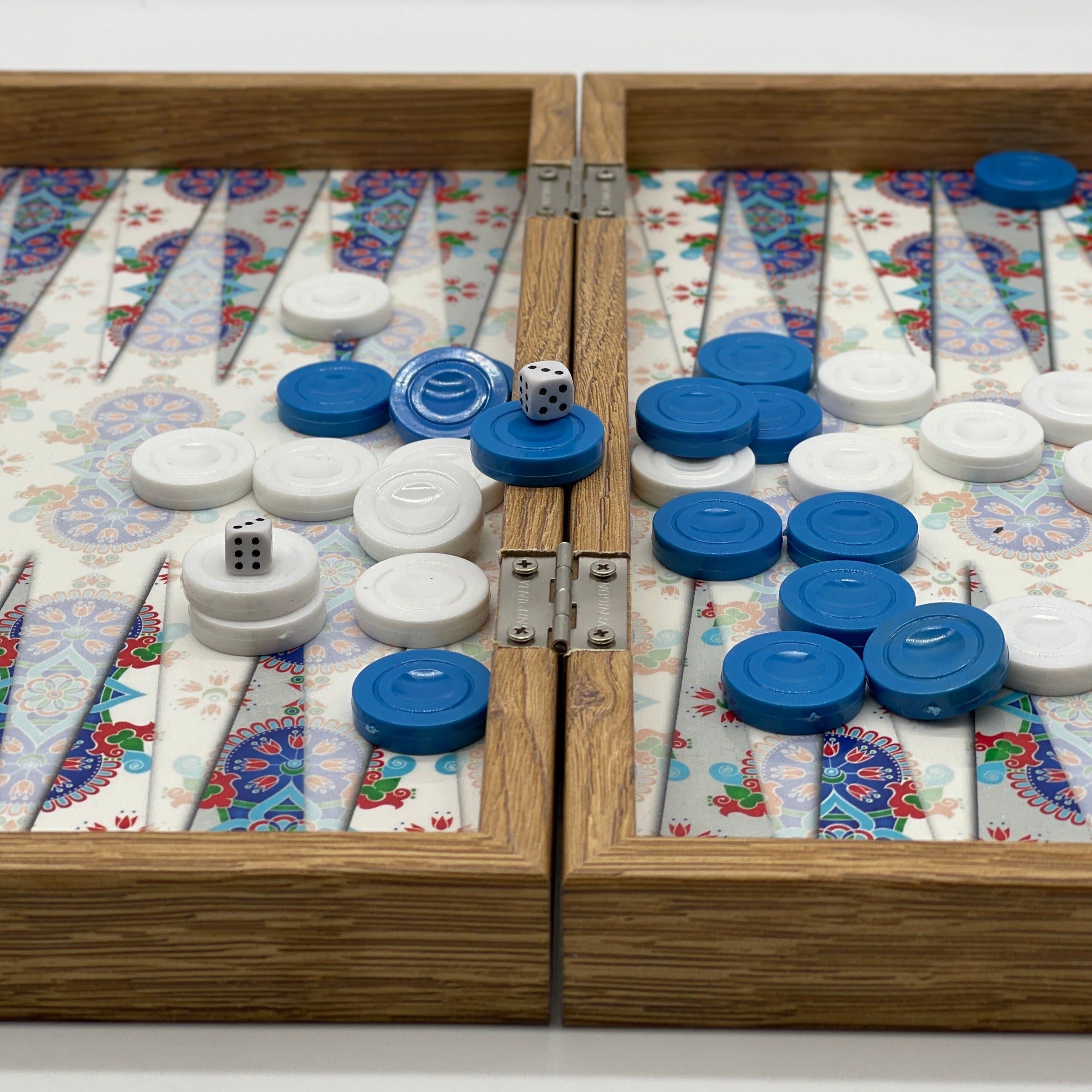 Handmade White Blue Mosaic Pattern Backgammon Set