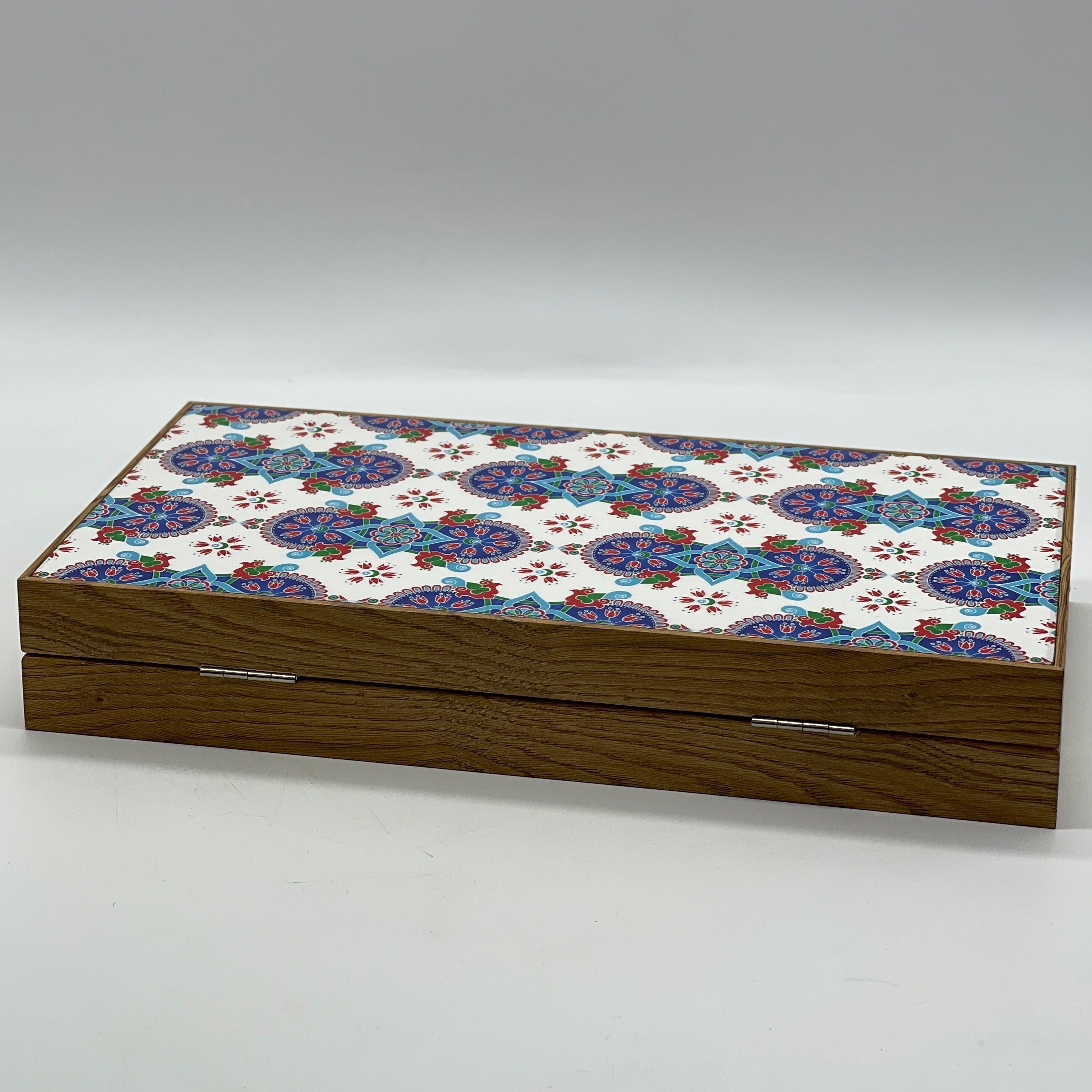 Handmade White Blue Mosaic Pattern Backgammon Set