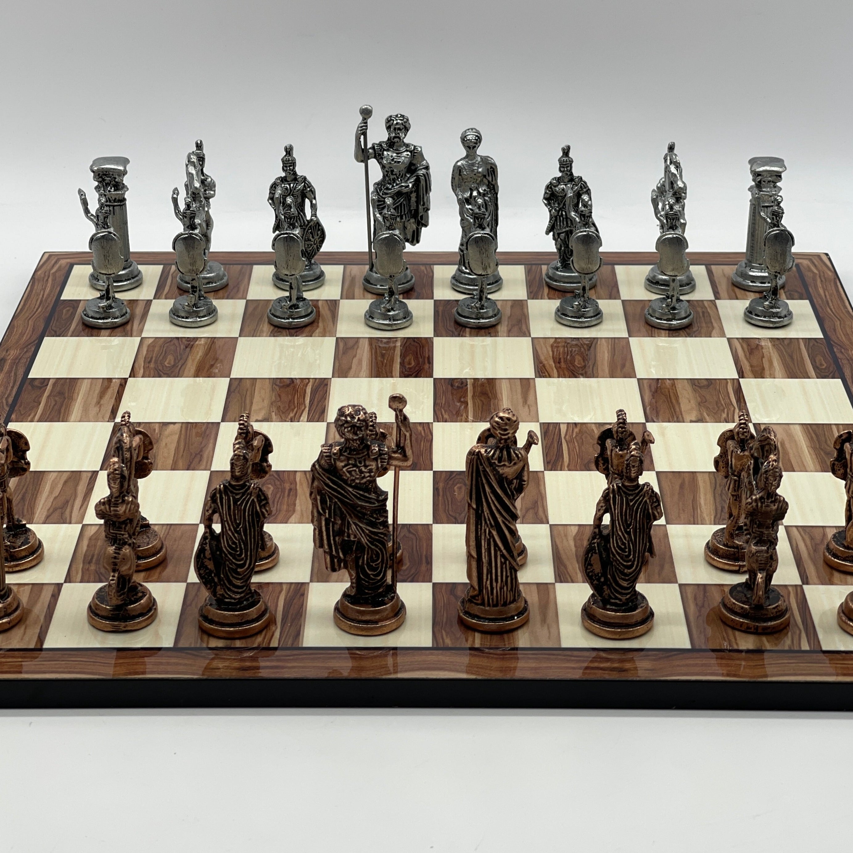 16.9" Large Walnut Patterned Wooden Chess Board With Large Metal Stone