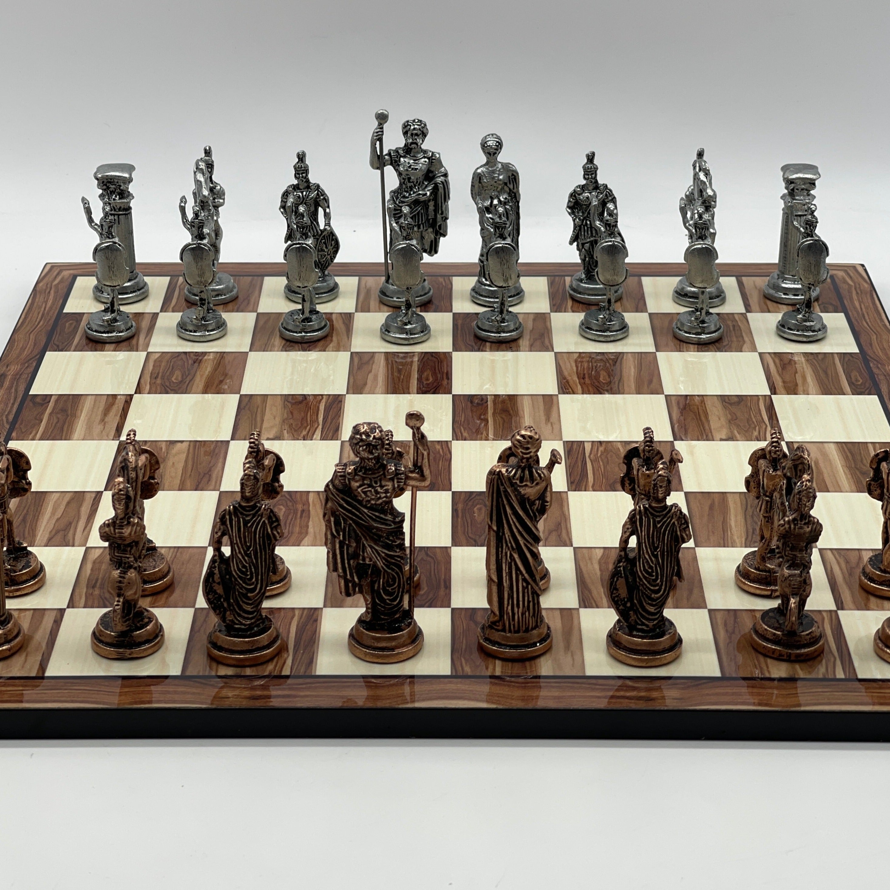 16.9" Large Walnut Patterned Wooden Chess Board With Large Metal Stone