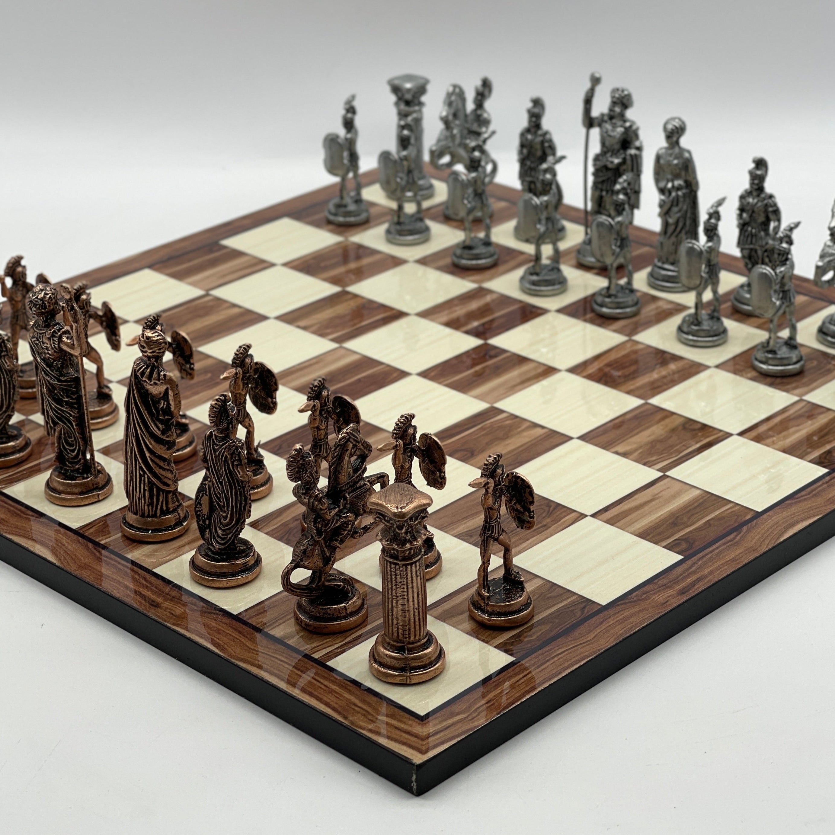 16.9" Large Walnut Patterned Wooden Chess Board With Large Metal Stone