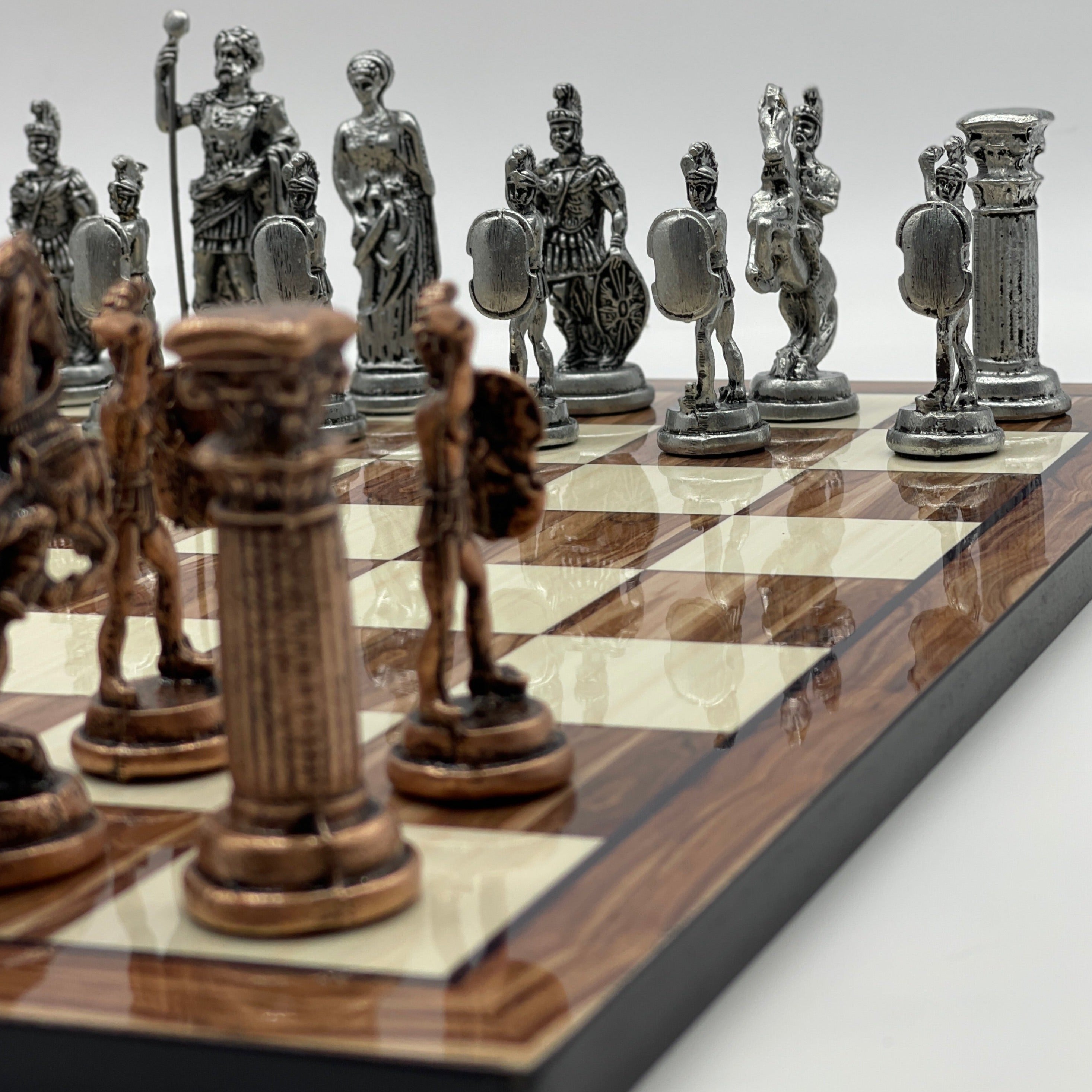 16.9" Large Walnut Patterned Wooden Chess Board With Large Metal Stone