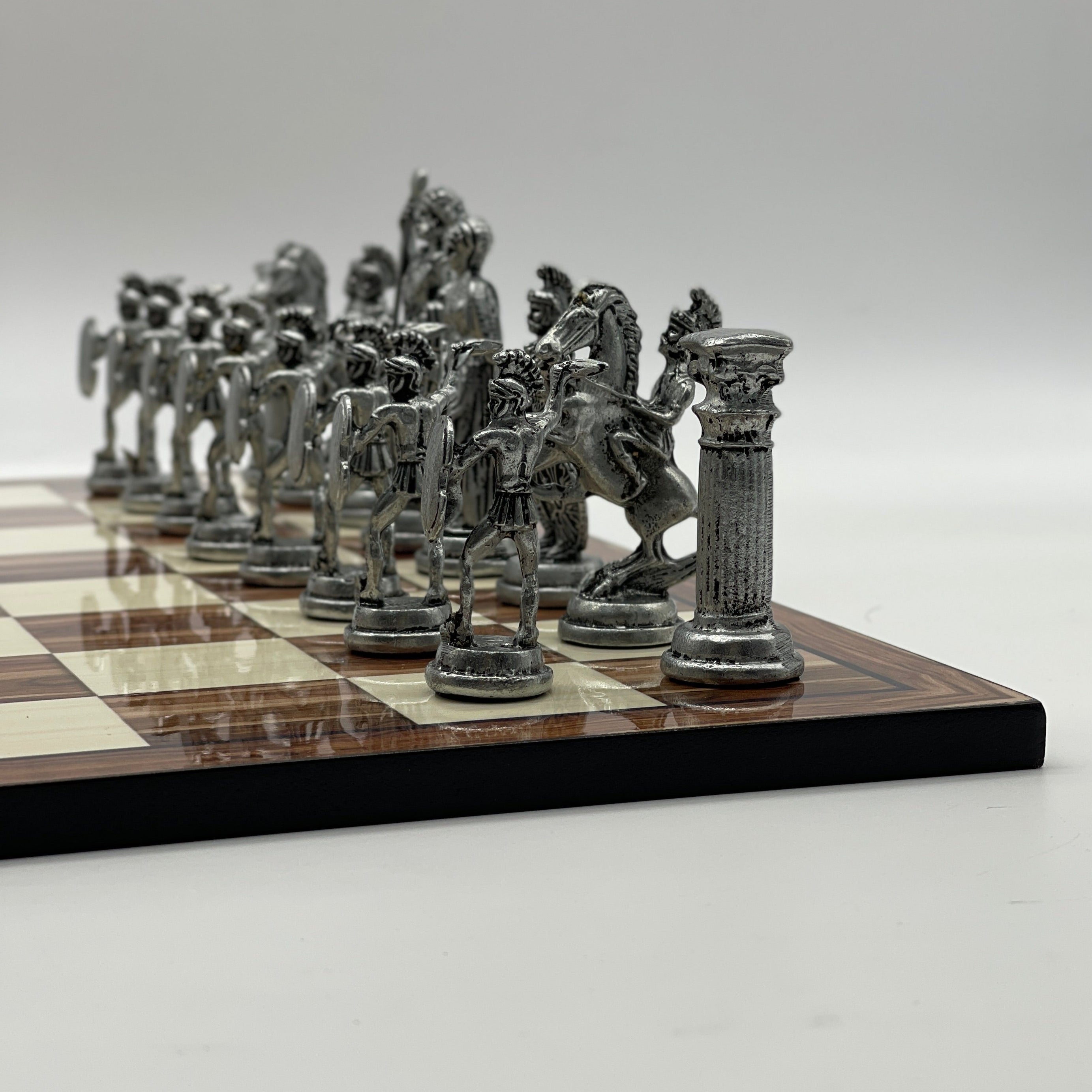16.9" Large Walnut Patterned Wooden Chess Board With Large Metal Stone