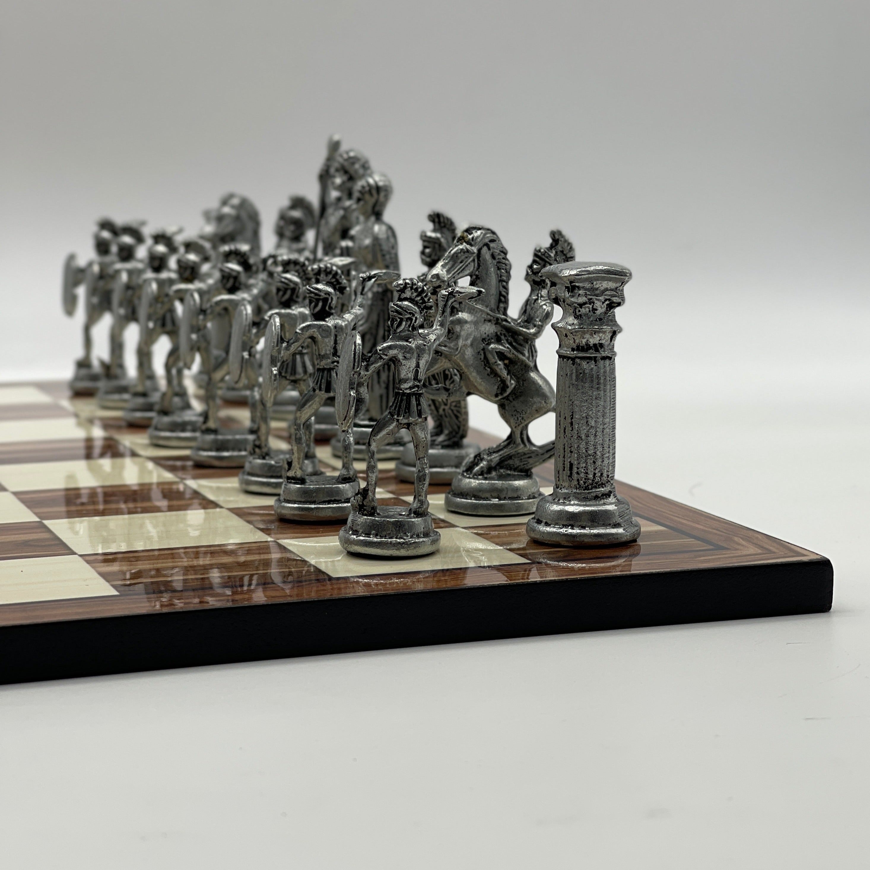 16.9" Large Walnut Patterned Wooden Chess Board With Large Metal Stone