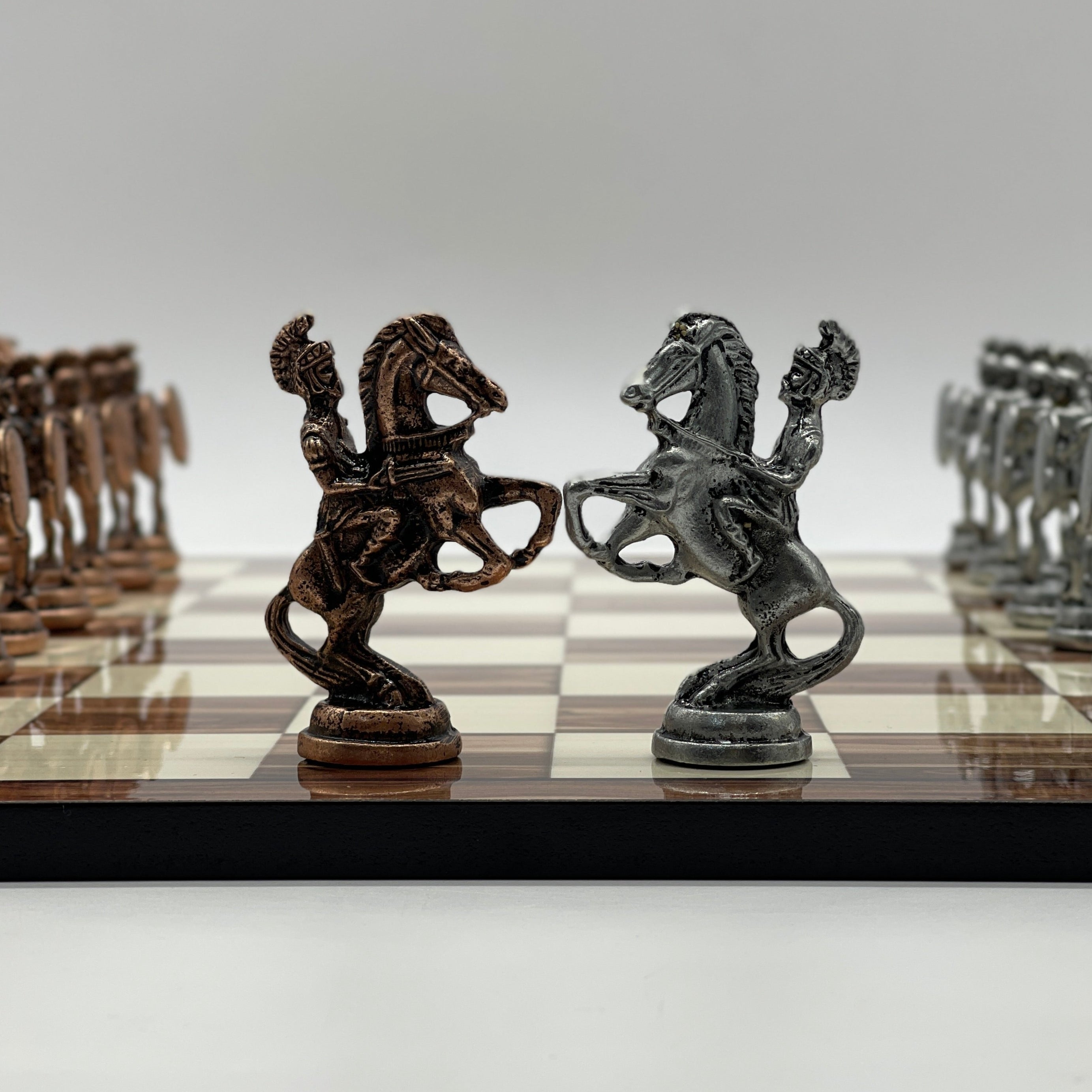 16.9" Large Walnut Patterned Wooden Chess Board With Large Metal Stone