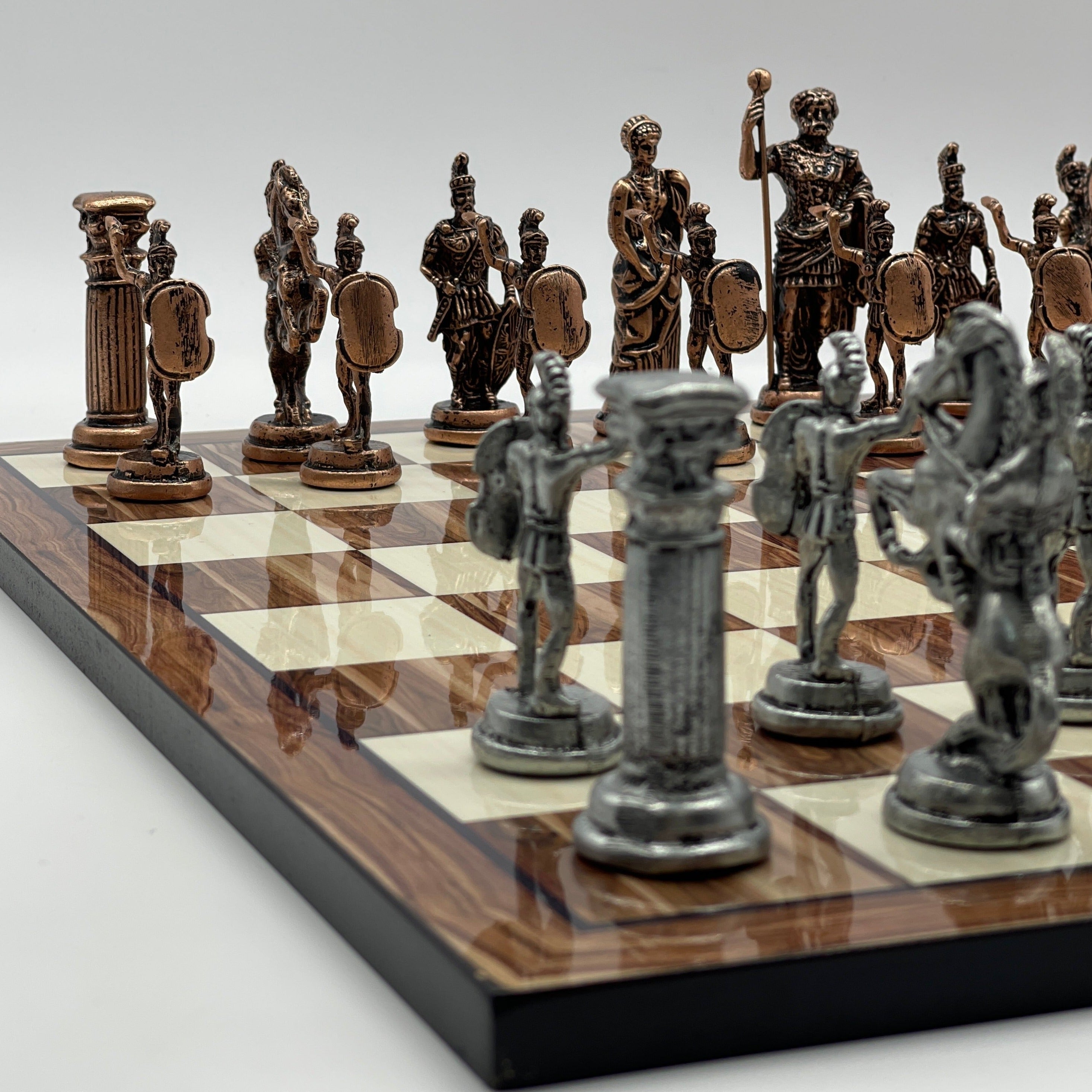16.9" Large Walnut Patterned Wooden Chess Board With Large Metal Stone
